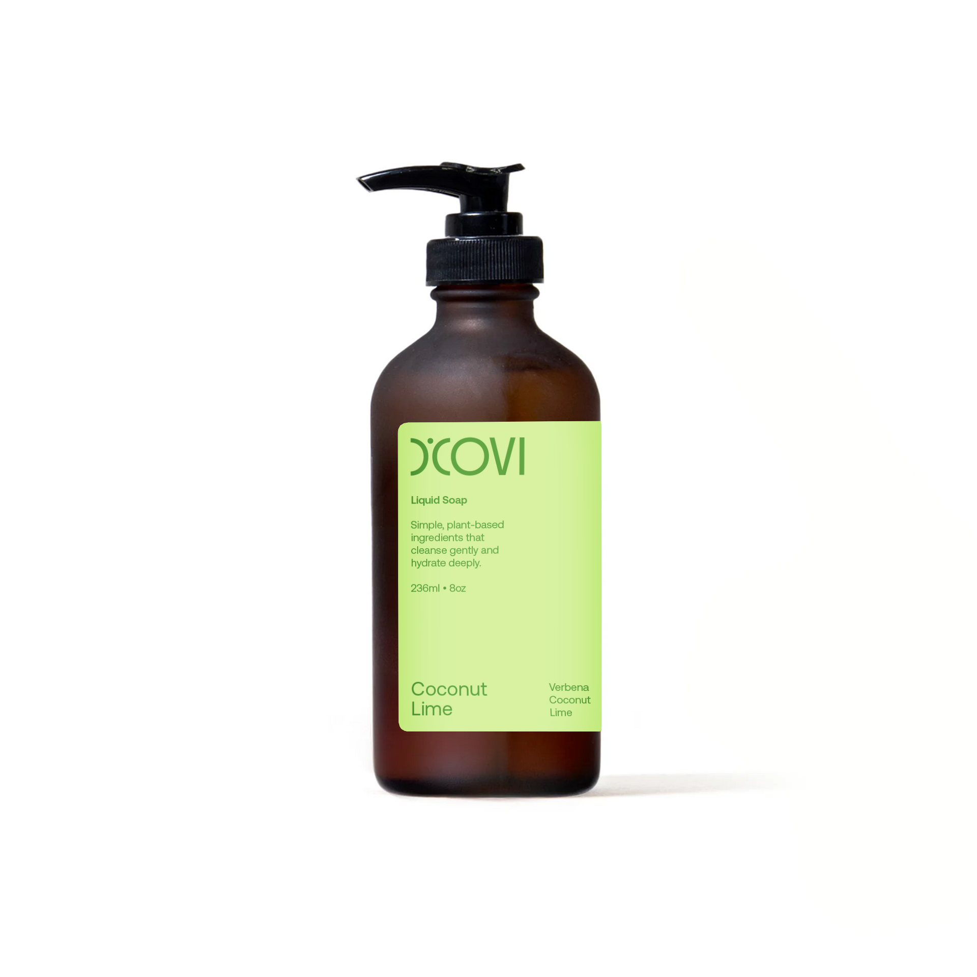 Coconut Lime Liquid Soap in a frosted amber glass bottle with pump with green label and white background