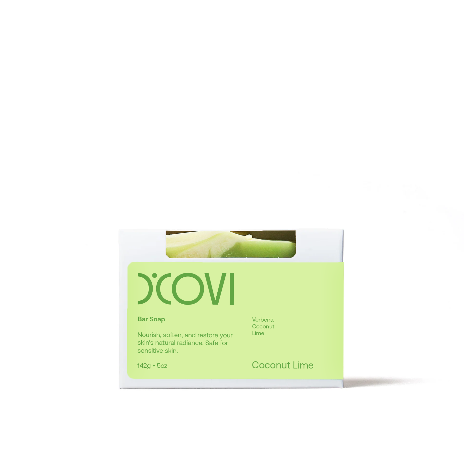 Coconut Lime soap bar packaged in a white box with a light green label on a white background