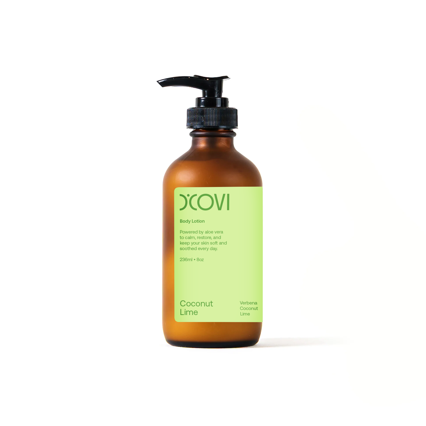 Coconut Lime Body Lotion in a glass Brown bottle with pump and green label on a white background