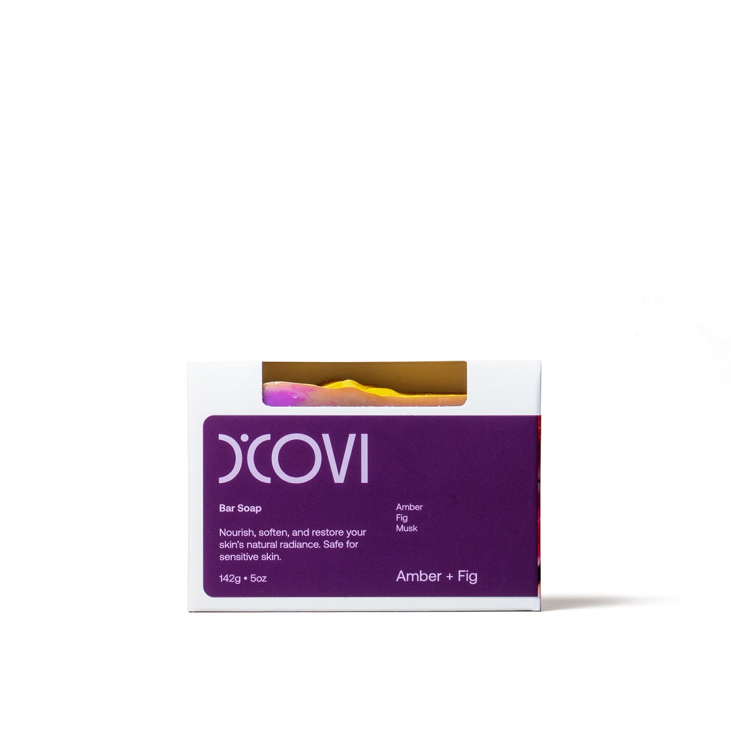 D'Covi Box of Handmade Bar Soap with purple label. Box includes one 142g (5oz) Amber + Fig Bar Soap on a white background.