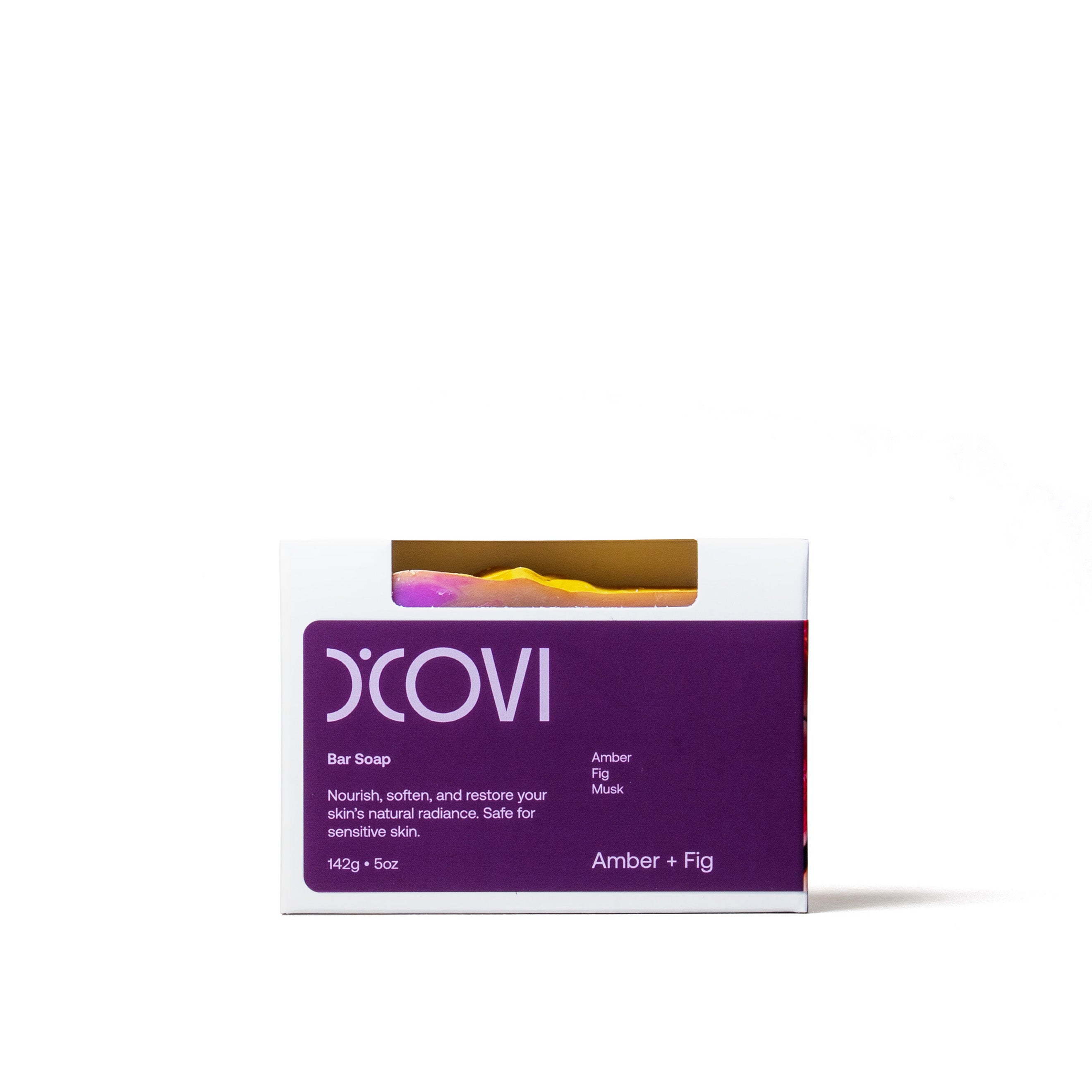D'Covi Box of Handmade Bar Soap with purple label. Box includes one 142g (5oz) Amber + Fig Bar Soap on a white background.