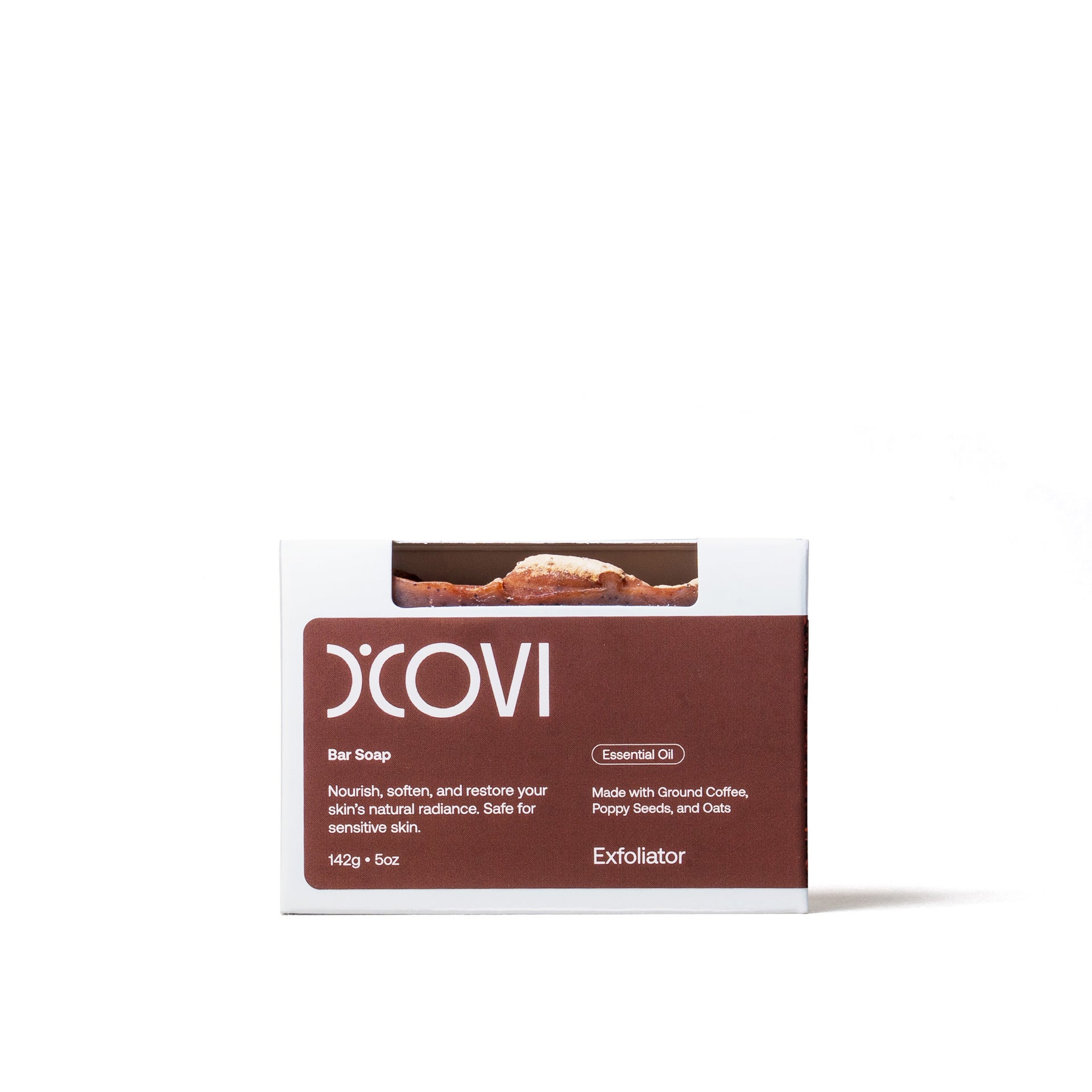 D'Covi Box of Handmade Bar Soap with brown label. Box includes one 142g (5oz) Exfoliator Bar Soap on a white background.
