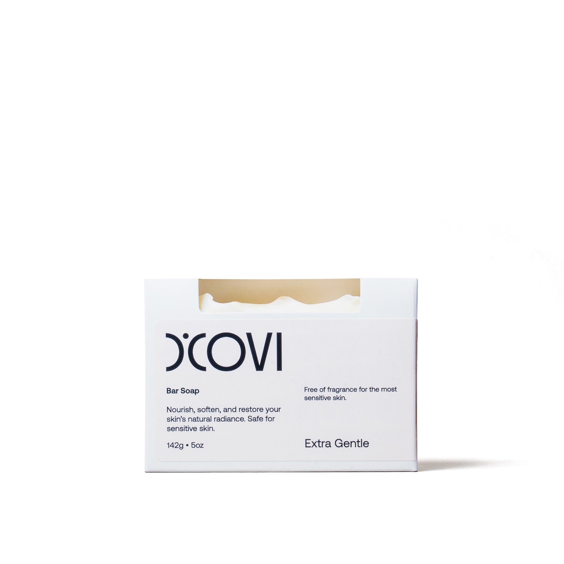 D'Covi Box of Handmade Bar Soap with white label. Box includes one 142g (5oz) Extra Gentle Bar Soap on a white background.
