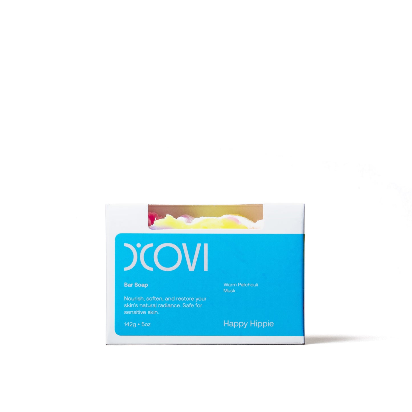 D'Covi Box of Handmade Bar Soap with bright light blue label. Box includes one 142g (5oz) Happy Hippie Bar Soap on a white background.