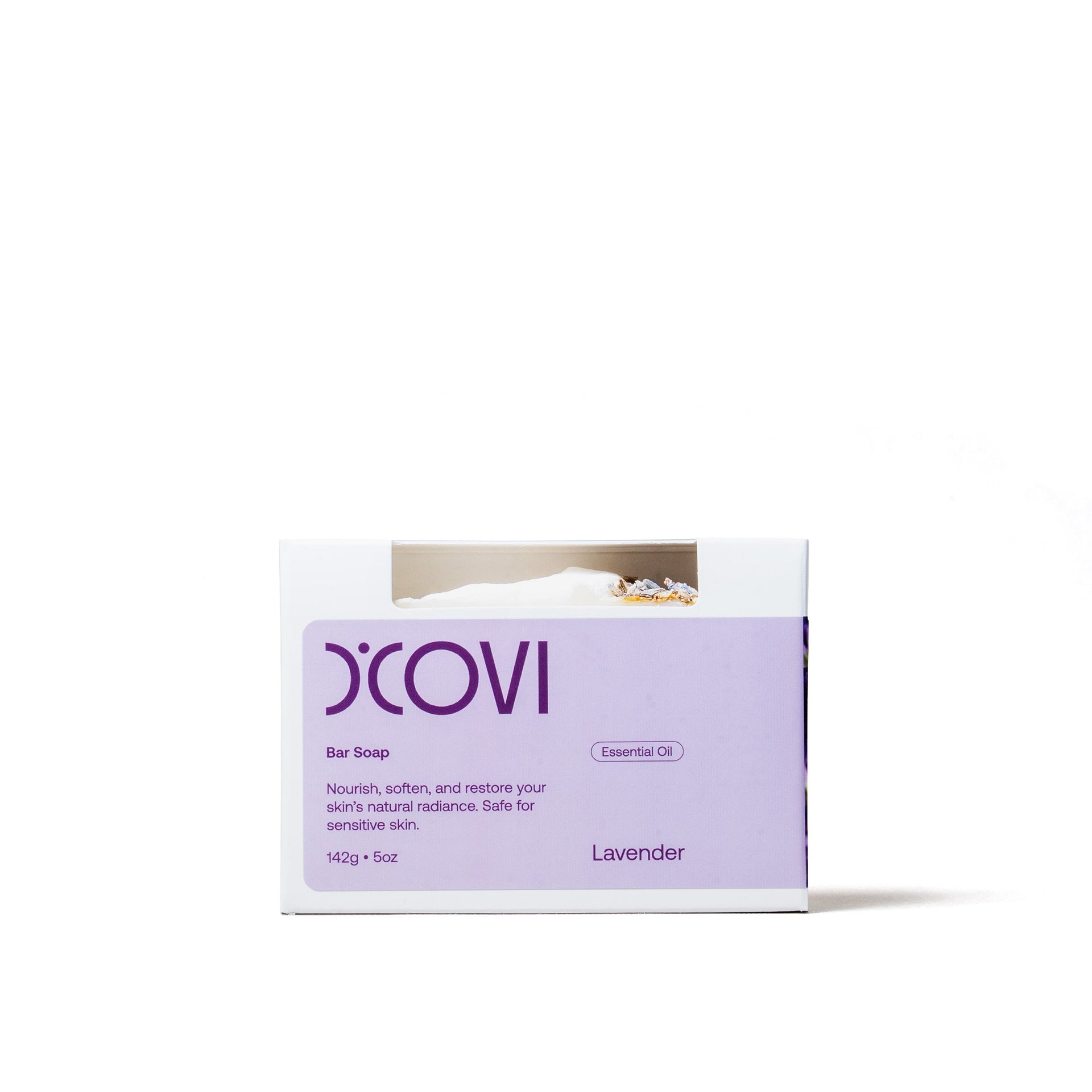 D'Covi Box of Handmade Bar Soap with light purple label. Box includes one 142g (5oz) Lavender Bar Soap on a white background.