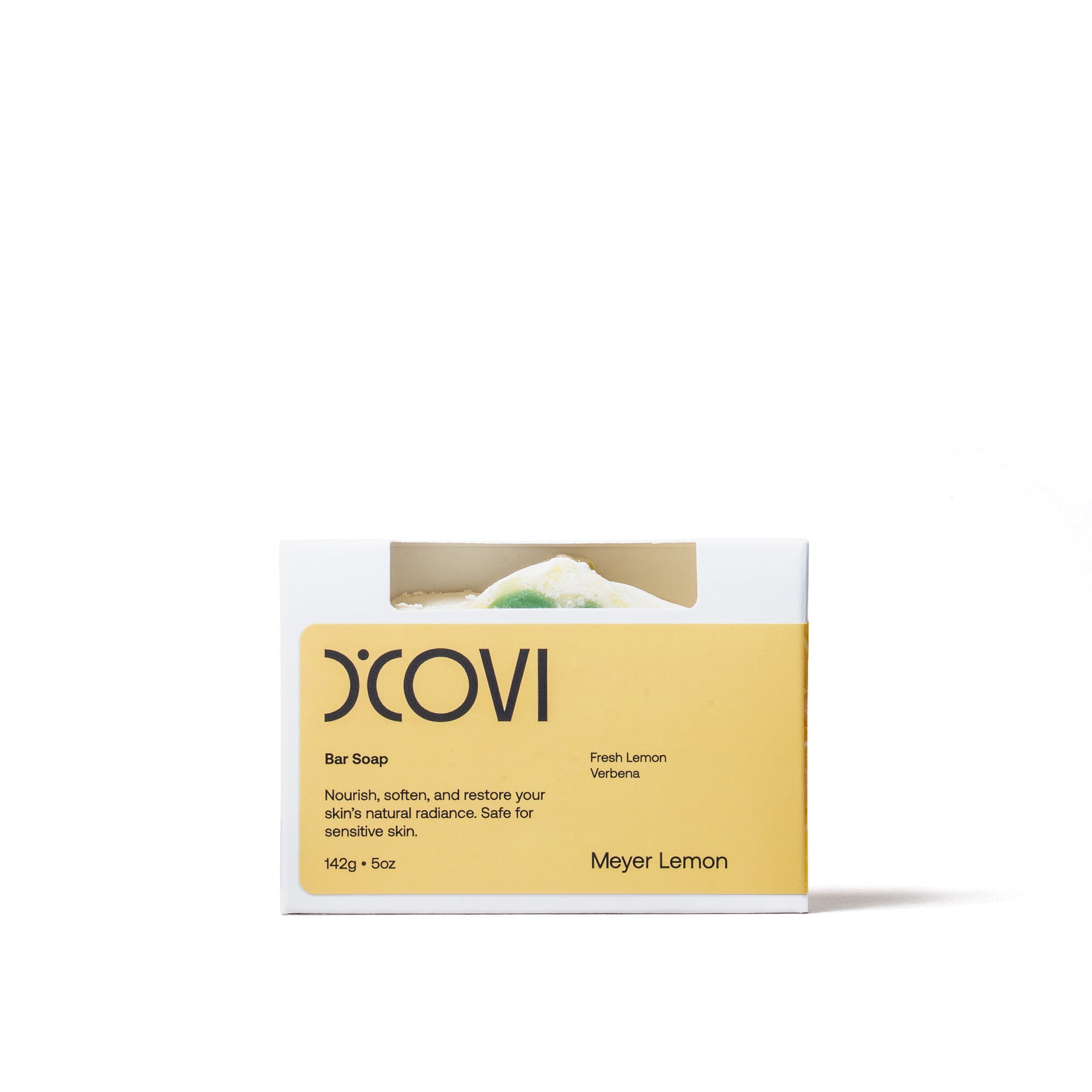 D'Covi Box of Handmade Bar Soap with yellow label. Box includes one 142g (5oz) Meyer Lemon Bar Soap on a white background.