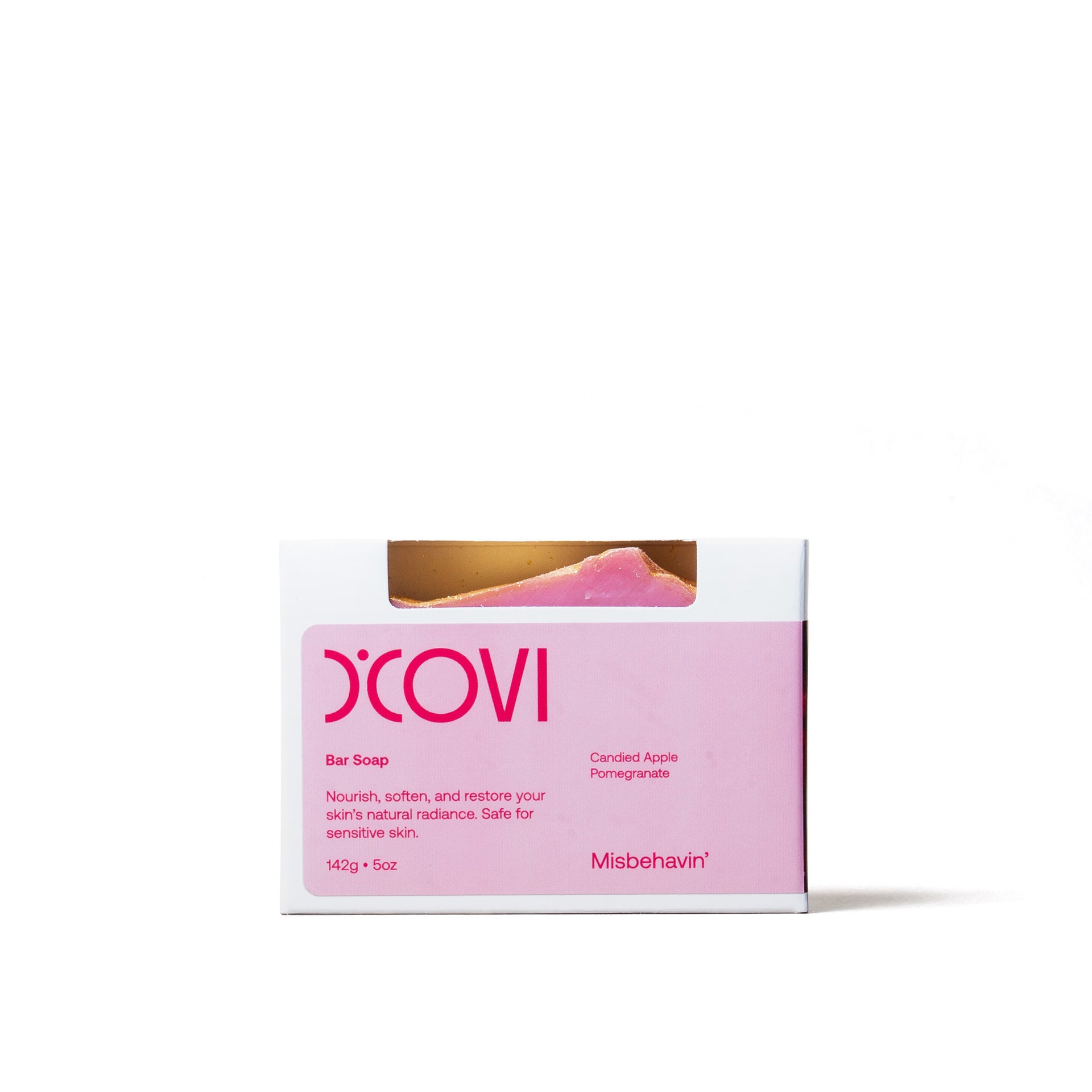 D'Covi Box of Handmade Bar Soap with light pink label. Box includes one 142g (5oz) Misbehavin' Bar Soap on a white background.