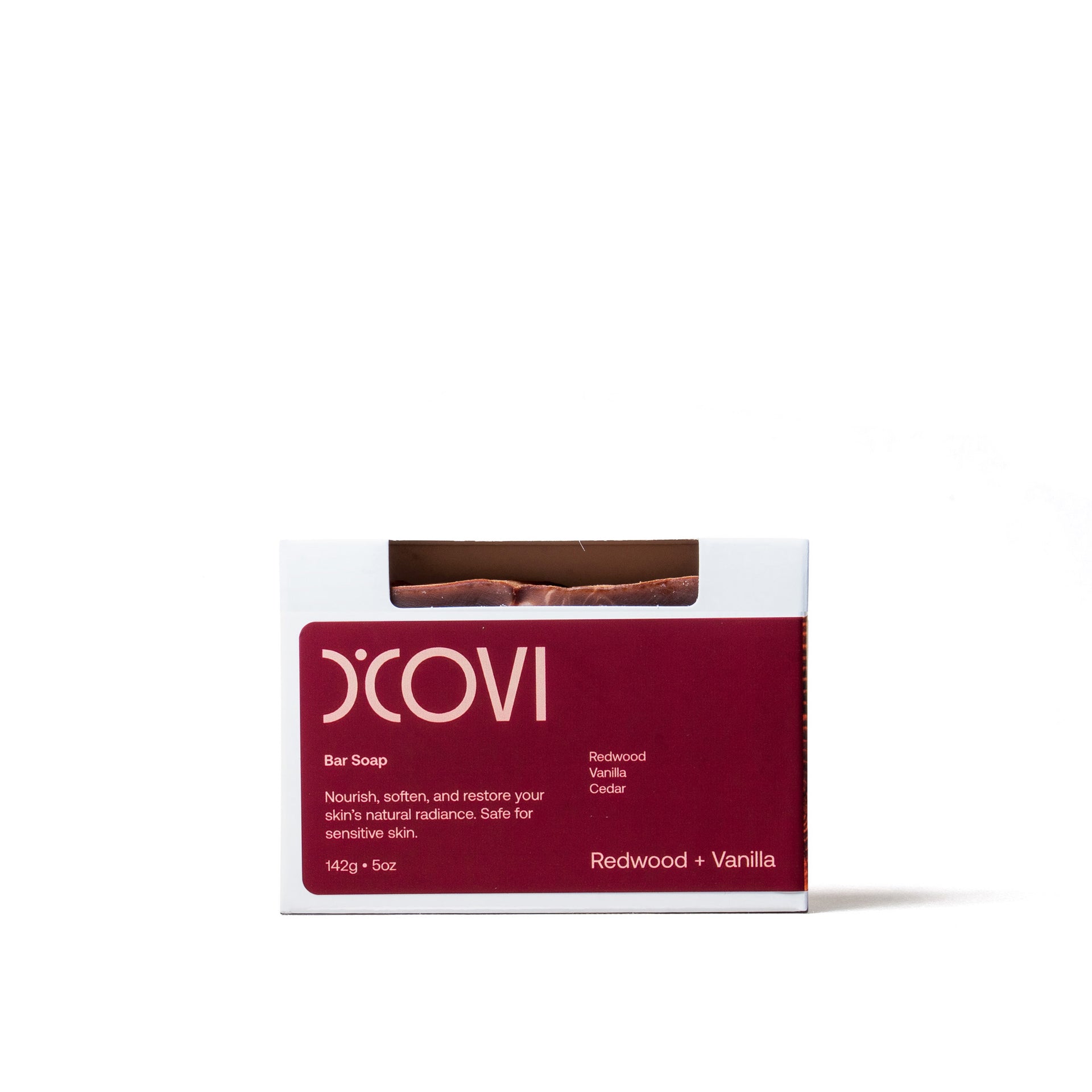 D'Covi Box of Handmade Bar Soap with deep red label. Box includes one 142g (5oz) Redwood + Vanilla Bar Soap on a white background.