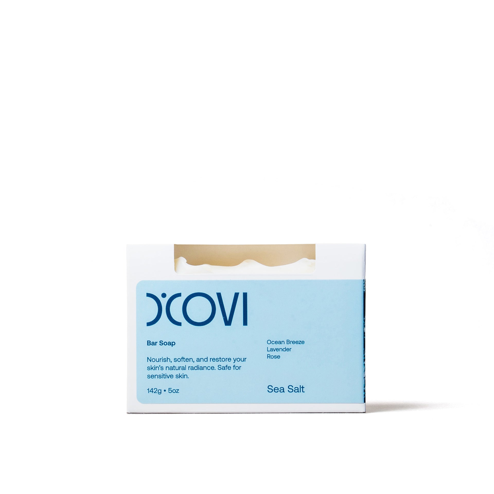 D'Covi Box of Handmade Bar Soap with light blue label. Box includes one 142g (5oz) Sea Salt Bar Soap on a white background.