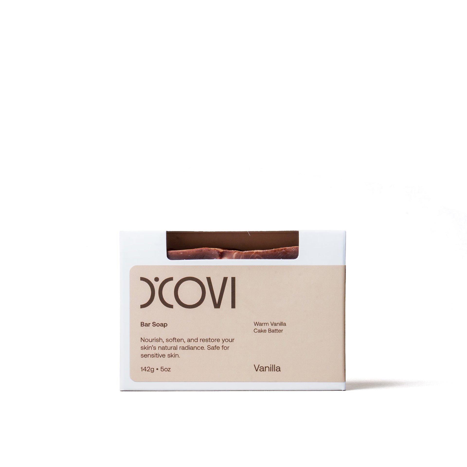 D'Covi Box of Handmade Bar Soap with light tan label. Box includes one 142g (5oz) Vanilla Bar Soap on a white background.