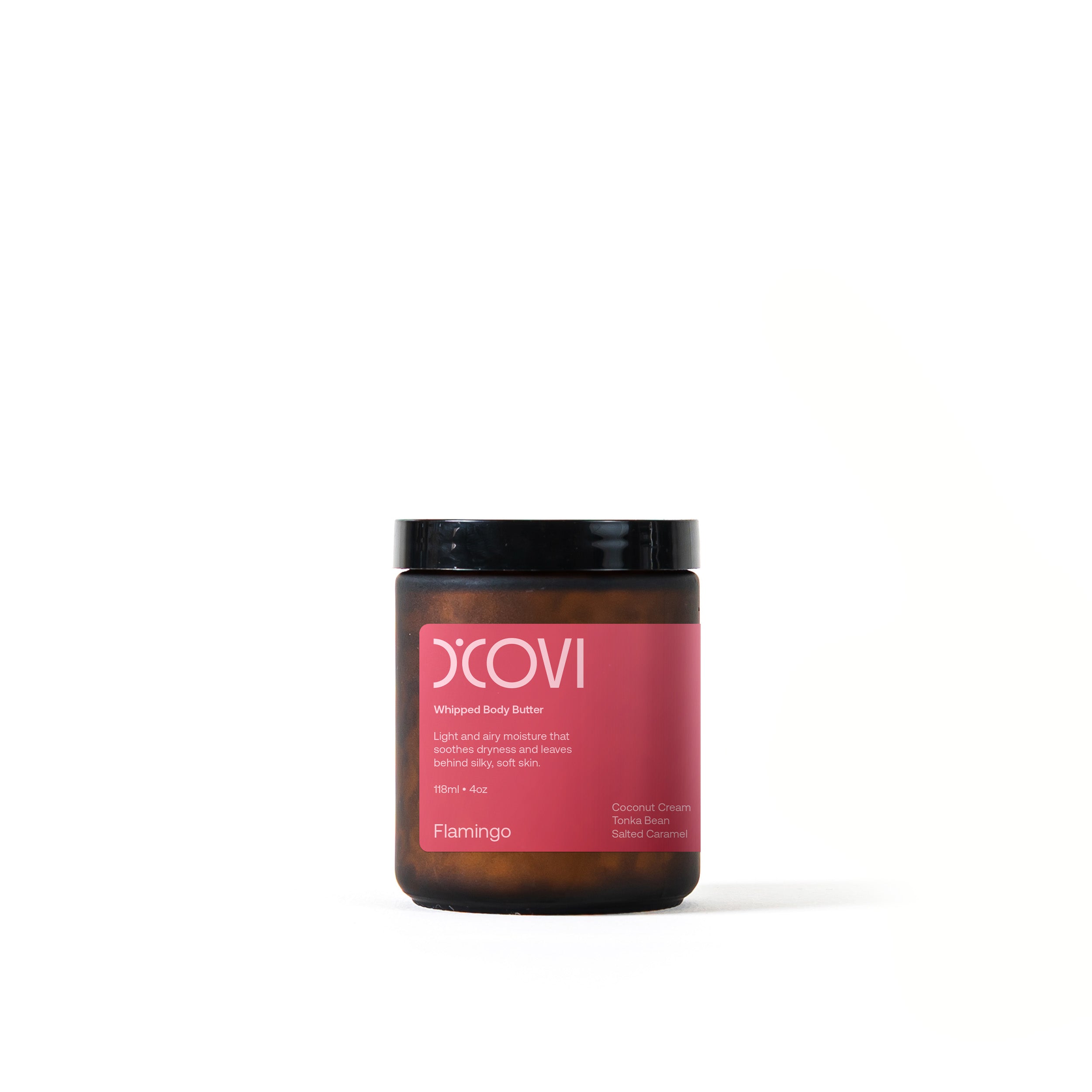 D’Covi glass jar with black lid and cream label containing 118ml (4oz) of whipped body butter, scent, “Flamingo”.
