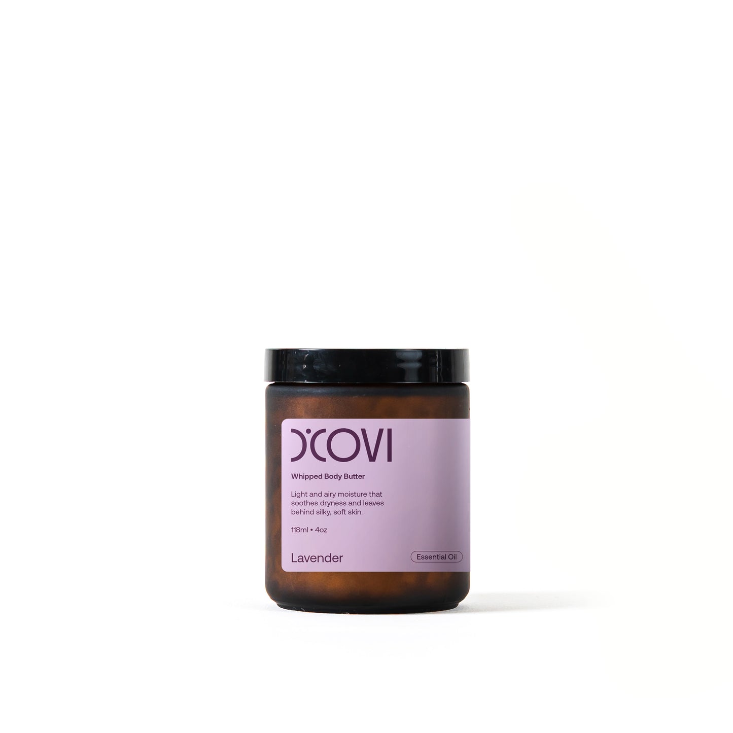 D’Covi glass jar with black lid and cream label containing 118ml (4oz) of whipped body butter, scent, “Lavender”.