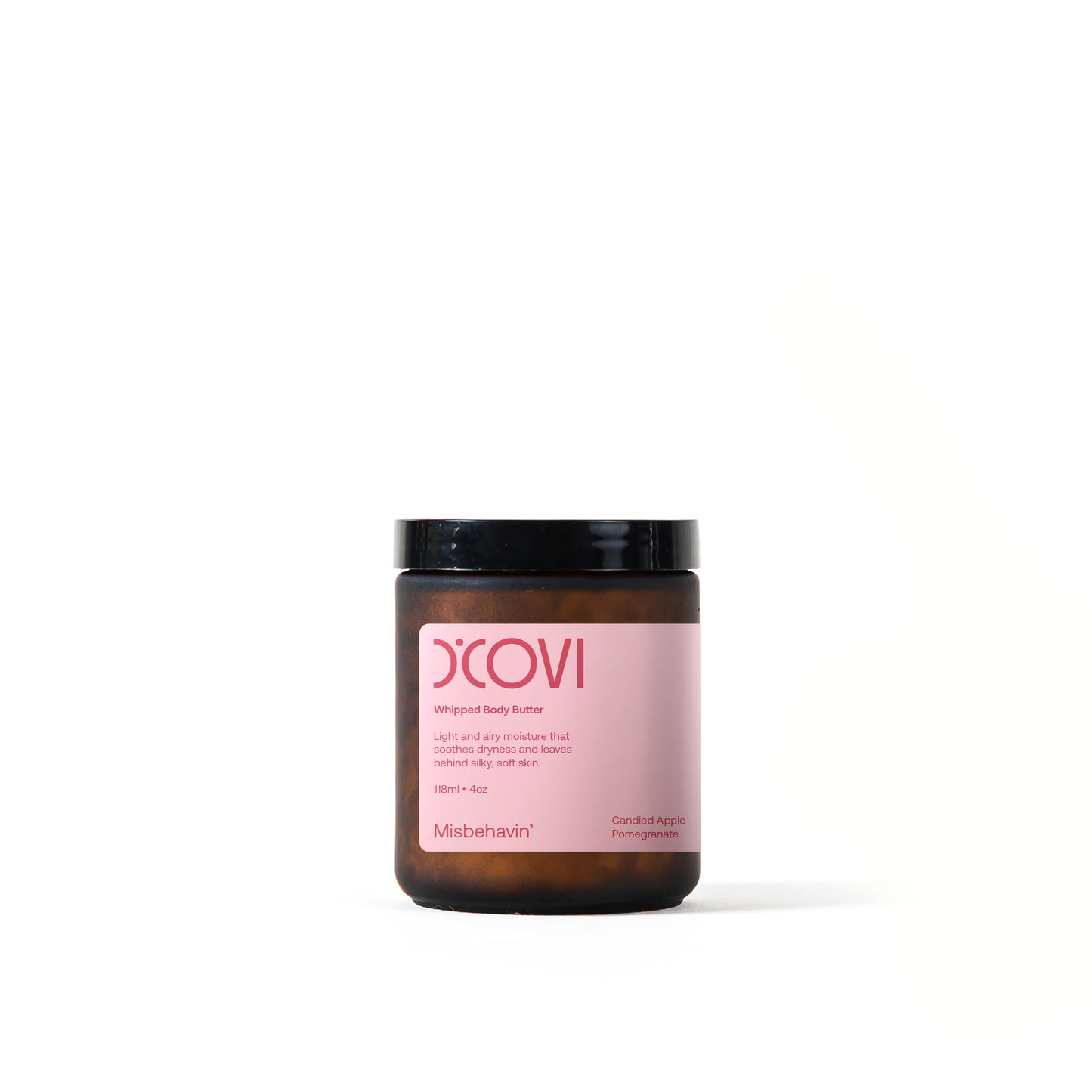 D’Covi glass jar with black lid and cream label containing 118ml (4oz) of whipped body butter, scent, “Misbehavin”.