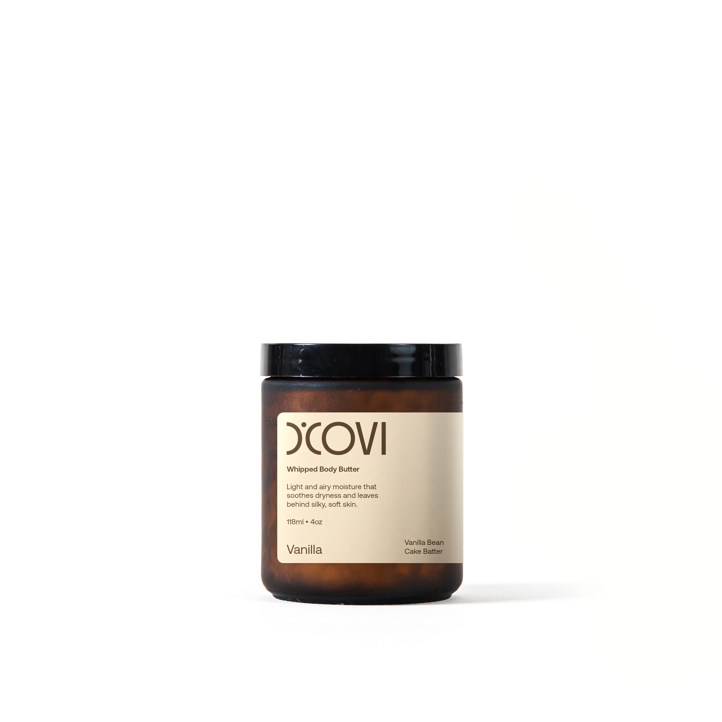 D’Covi glass jar with black lid and cream label containing 118ml (4oz) of whipped body butter, scent, “Vanilla”.