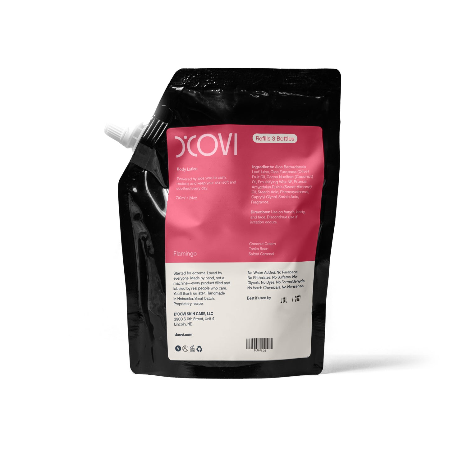 D'Covi Body Lotion Refill Pouch with coral pink label on a white background. 710ml (24 oz) of Flamingo Lotion. 