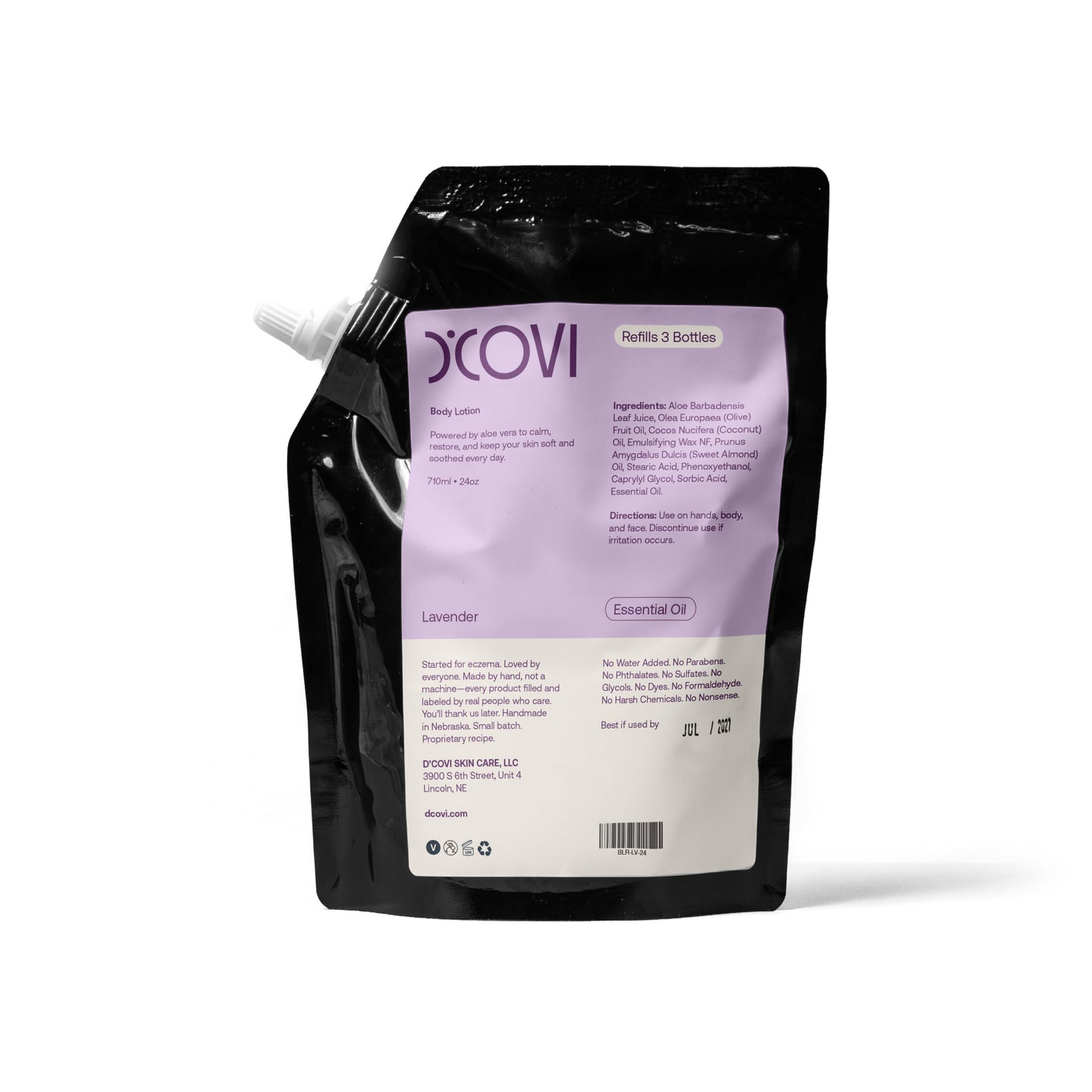 D'Covi Body Lotion Refill Pouch with light purple label on a white background. 710ml (24 oz) of Lavender Lotion. 