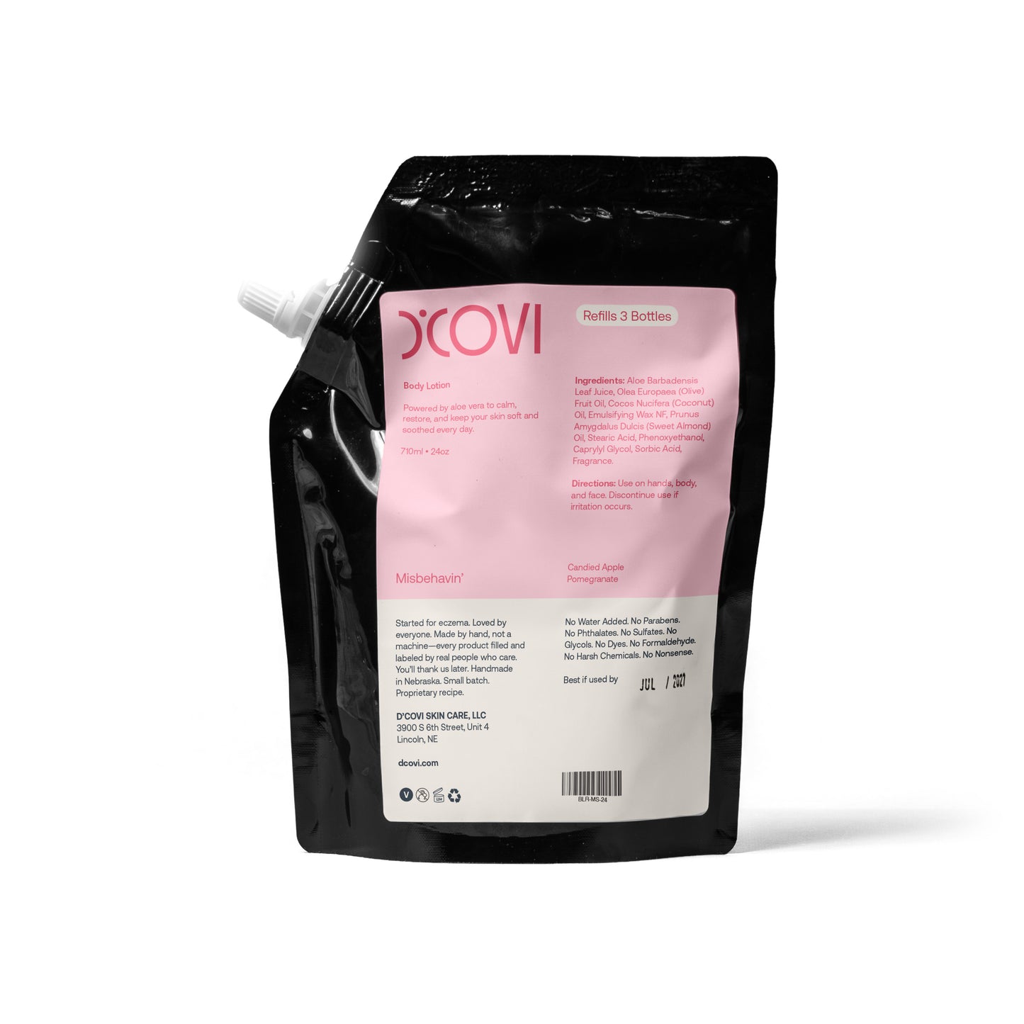 D'Covi Body Lotion Refill Pouch with light pink label on a white background. 710ml (24 oz) of Misbehavin' Lotion. 