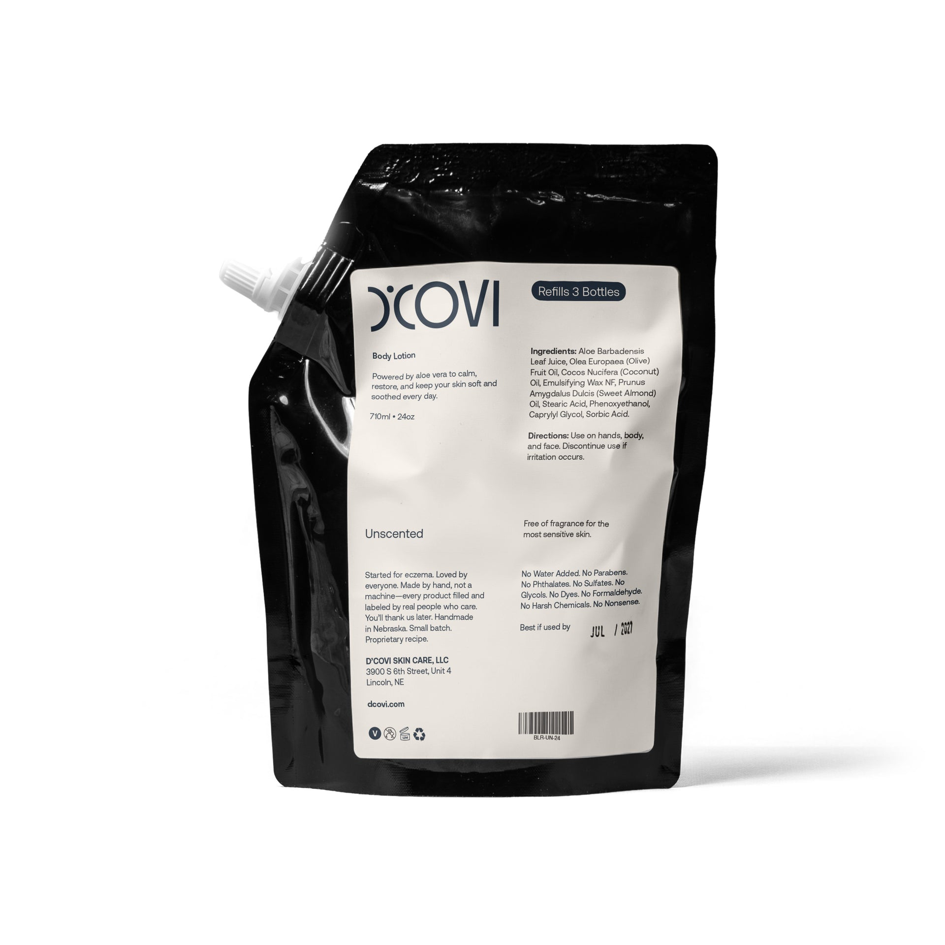 D'Covi Body Lotion Refill Pouch with white label on a white background. 710ml (24 oz) of Unscented Lotion. 