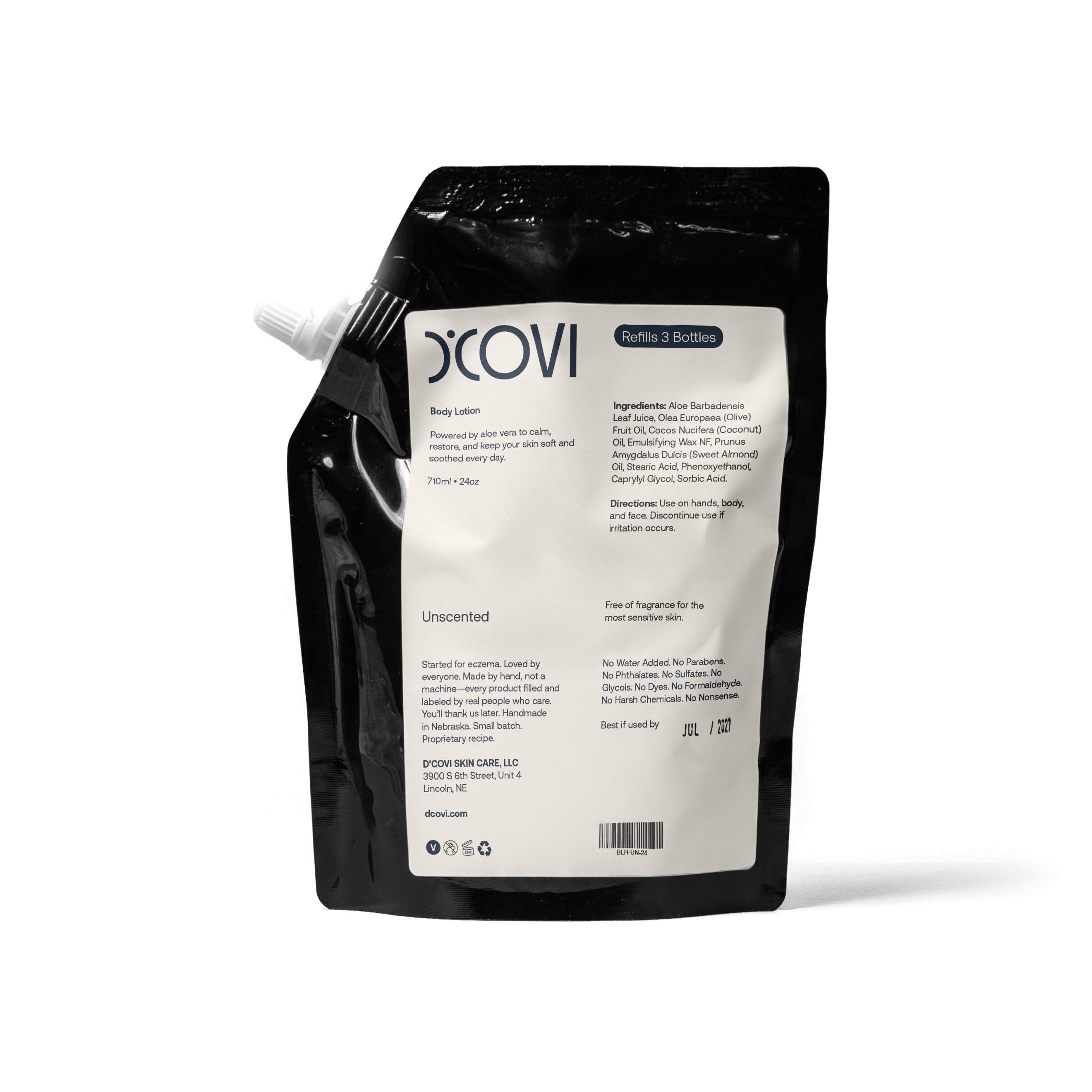 D'Covi Body Lotion Refill Pouch with white label on a white background. 710ml (24 oz) of Unscented Lotion. 