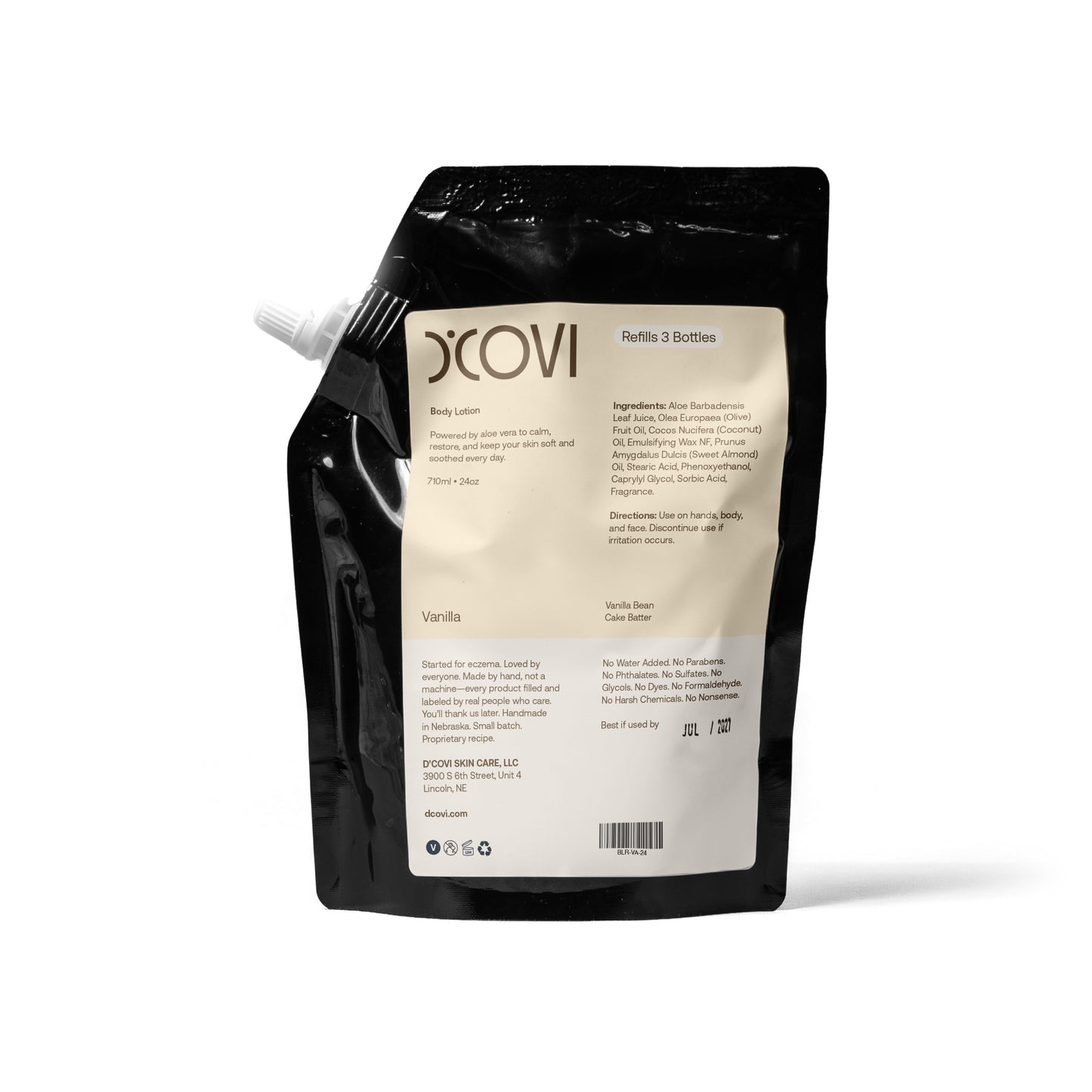 D'Covi Body Lotion Refill Pouch with cream label on a white background. 710ml (24 oz) of Vanilla Lotion. 