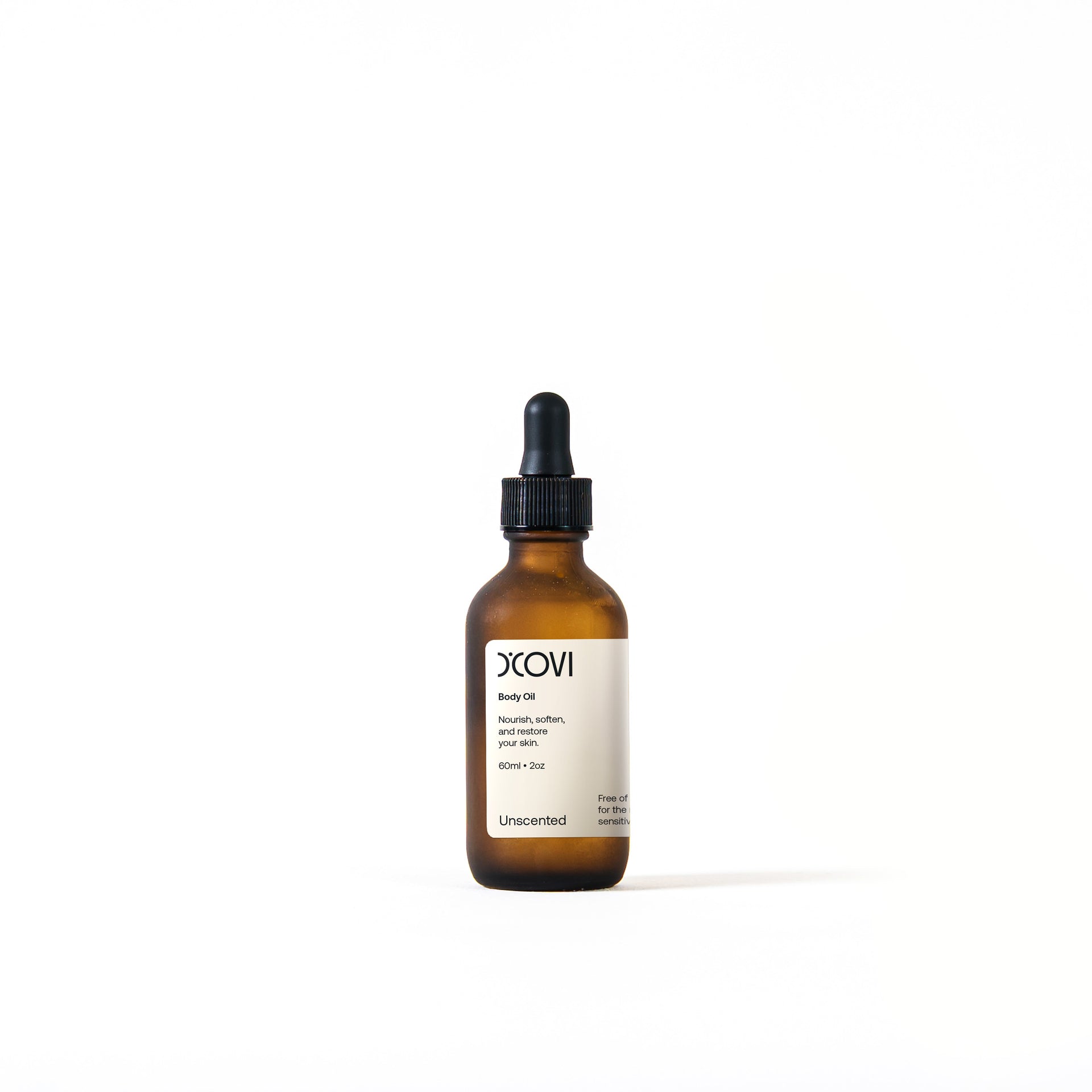 Amber glass bottle with black dropper and white label containing 60ml (2oz) of Unscented body oil