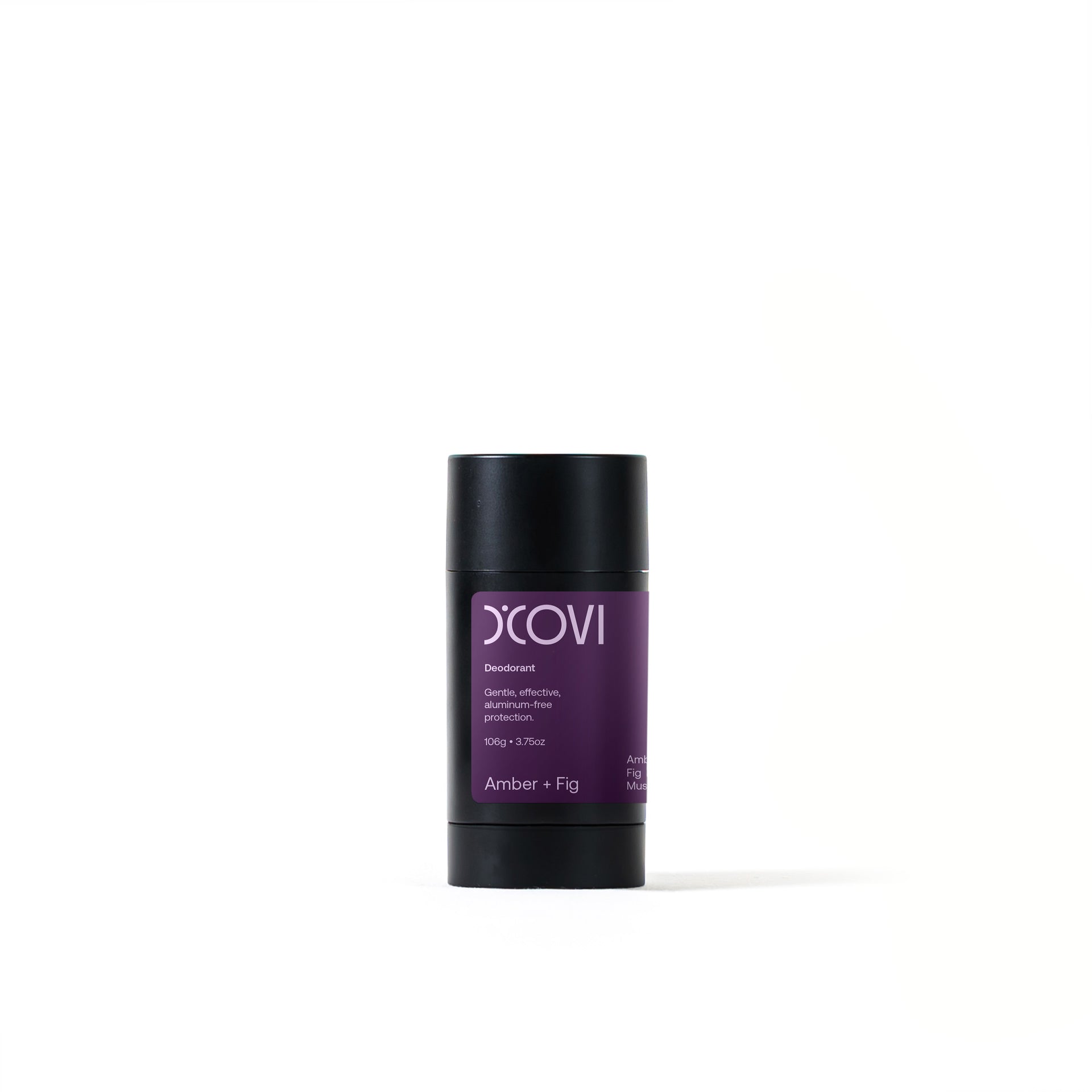 D'Covi Deodorant on white background. Roll up deodorant with 106g (3.75 oz) of handmade Amber and Fig Deodorant. 