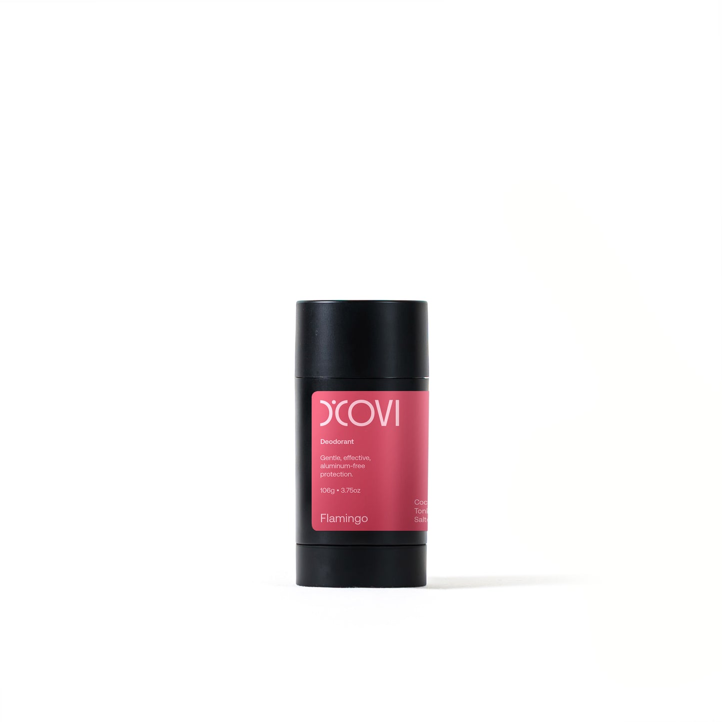 D'Covi Deodorant on white background. Roll up deodorant with 106g (3.75 oz) of handmade Flamingo Deodorant. 