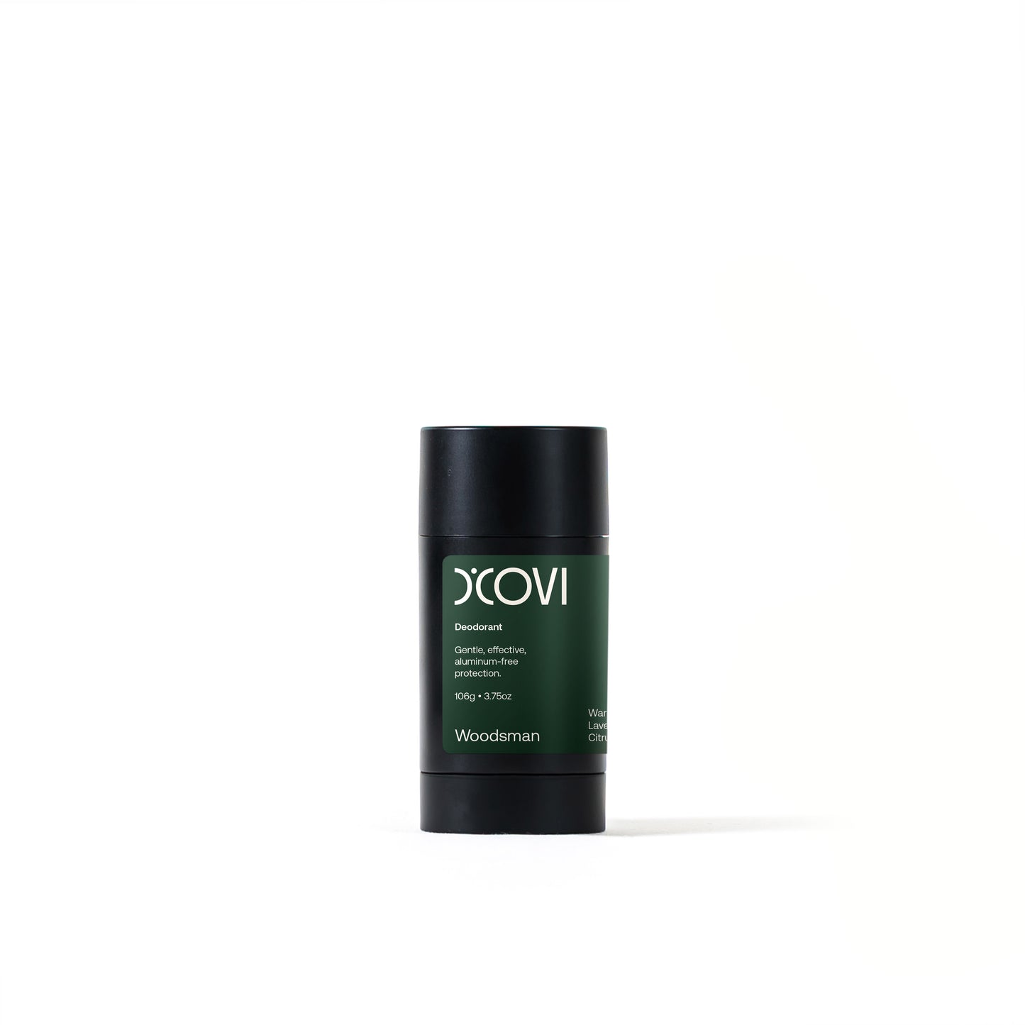 D'Covi Deodorant on white background. Roll up deodorant with 106g (3.75 oz) of handmade Woodsman Deodorant. 