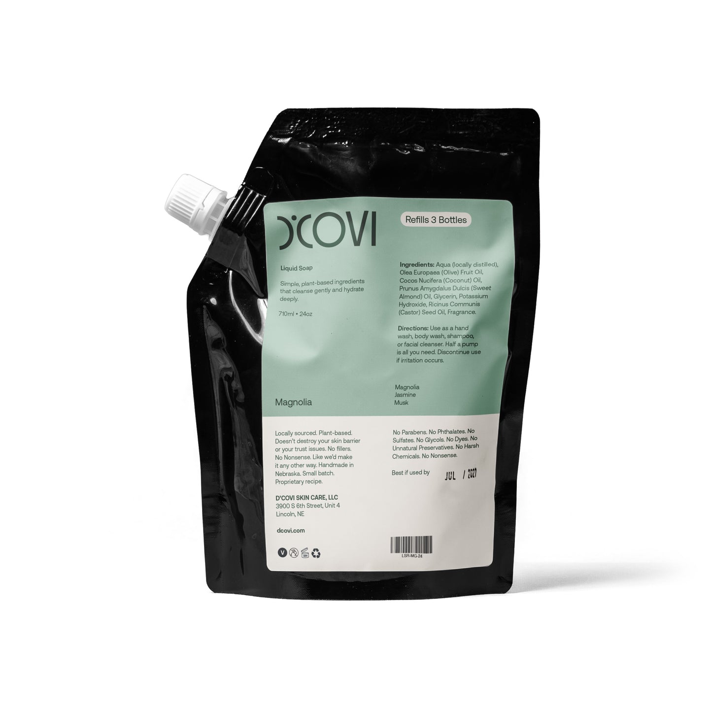 D'Covi Liquid Soap Refill Pouch with sage green label on a white background. 710ml (24 oz) of Magnolia Soap. 