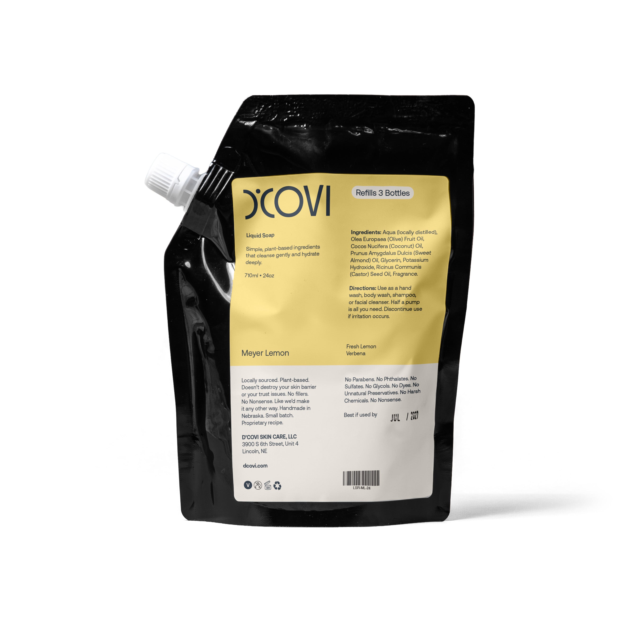 D'Covi Body Lotion Refill Pouch with yellow label on a white background. 710ml (24 oz) of Meyer Lemon Soap. 