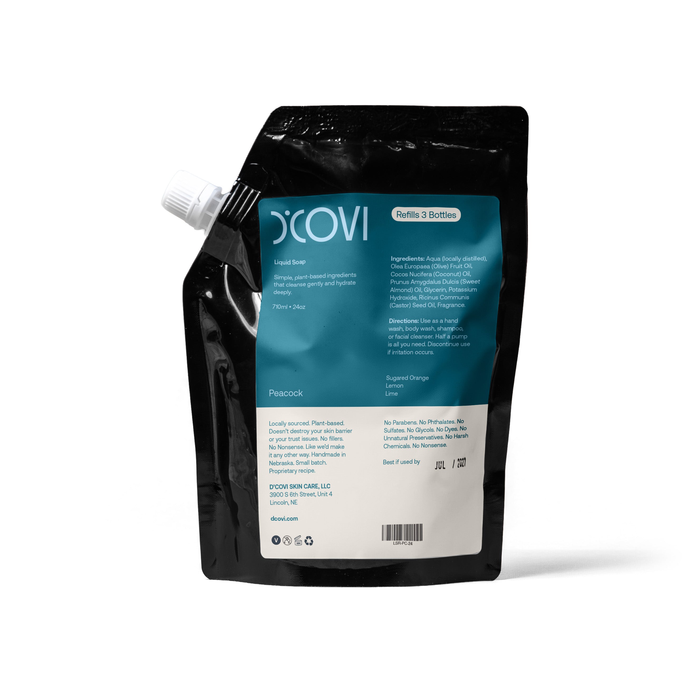 D'Covi Liquid Soap Refill Pouch with teal label on a white background. 710ml (24 oz) of Peacock Soap. 