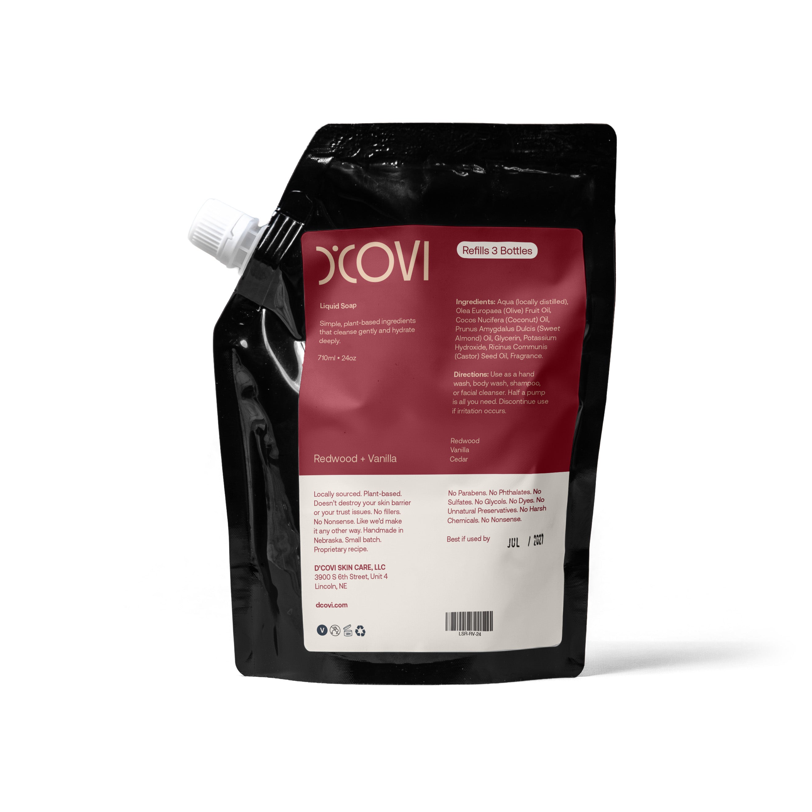 D'Covi Liquid Soap Refill Pouch with deep red label on a white background. 710ml (24 oz) of Redwood + Vanilla Soap. 