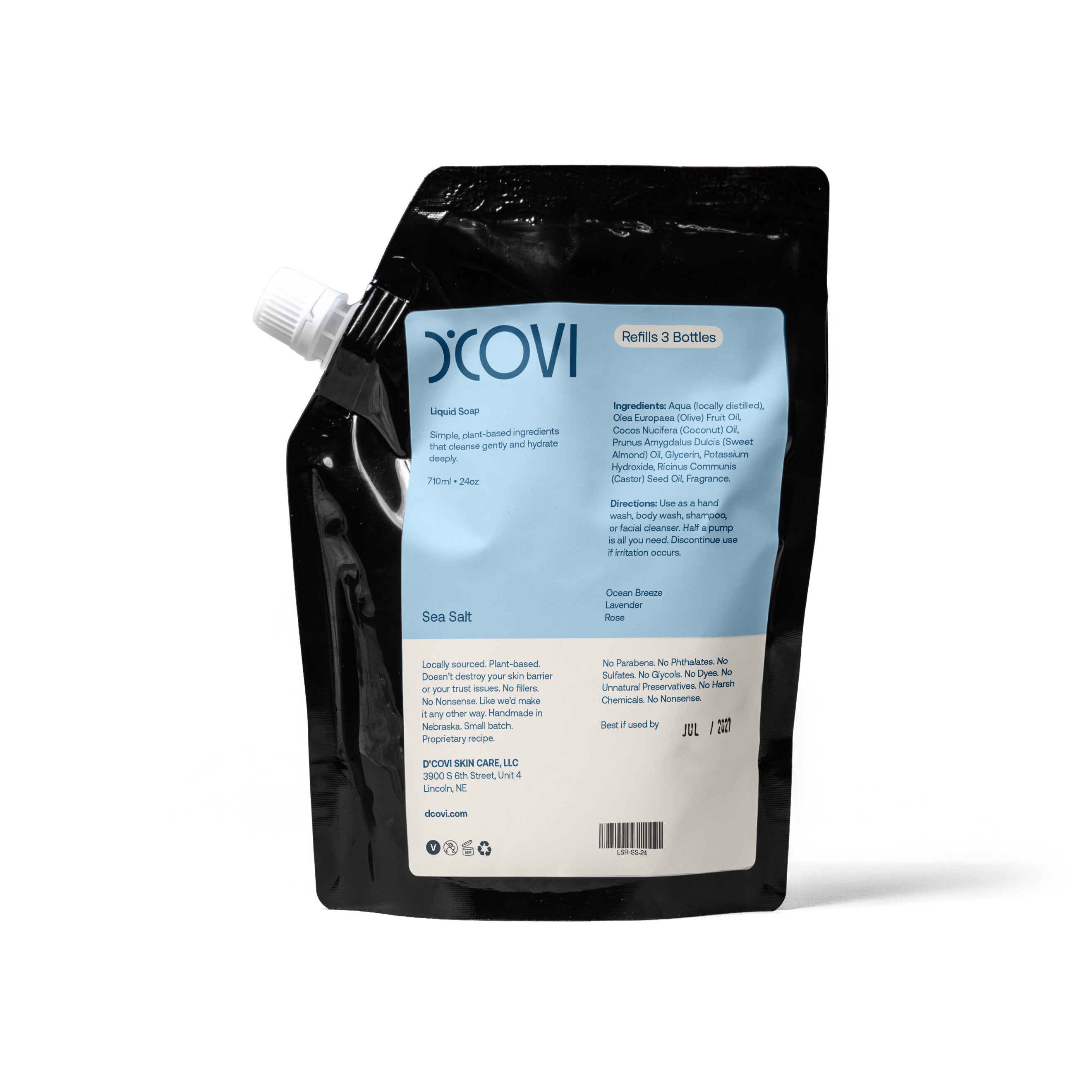 D'Covi Liquid Soap Refill Pouch with light blue label on a white background. 710ml (24 oz) of Sea Salt Soap. 