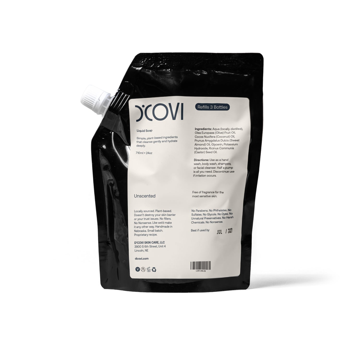 D'Covi Liquid Soap Refill Pouch with white label on a white background. 710ml (24 oz) of Unscented Soap. 