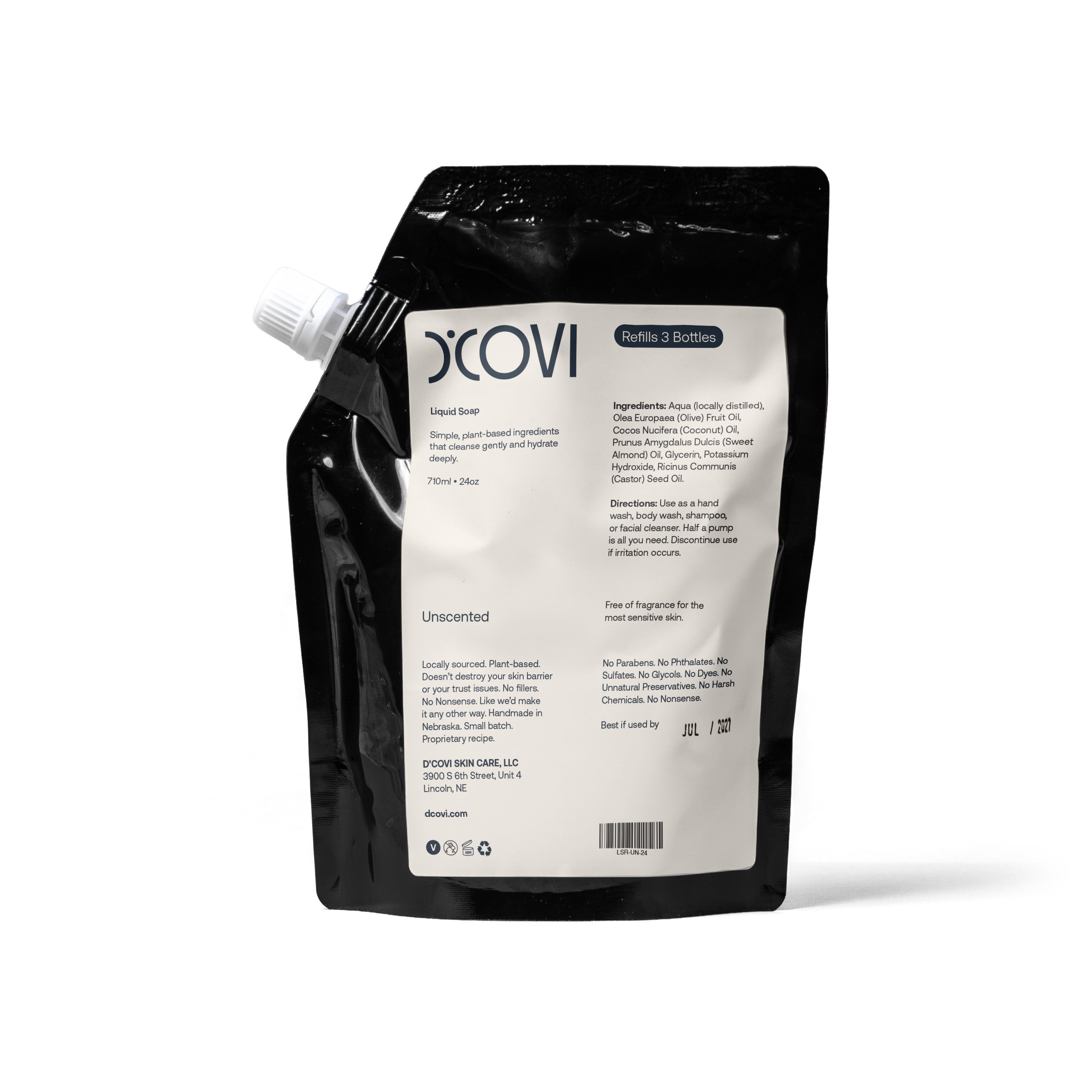 D'Covi Liquid Soap Refill Pouch with white label on a white background. 710ml (24 oz) of Unscented Soap. 
