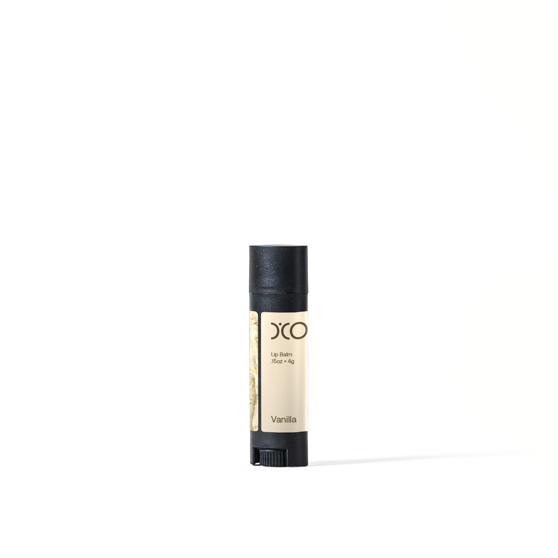 D’Covi black tube containing handmade lip balm, scent Vanilla.