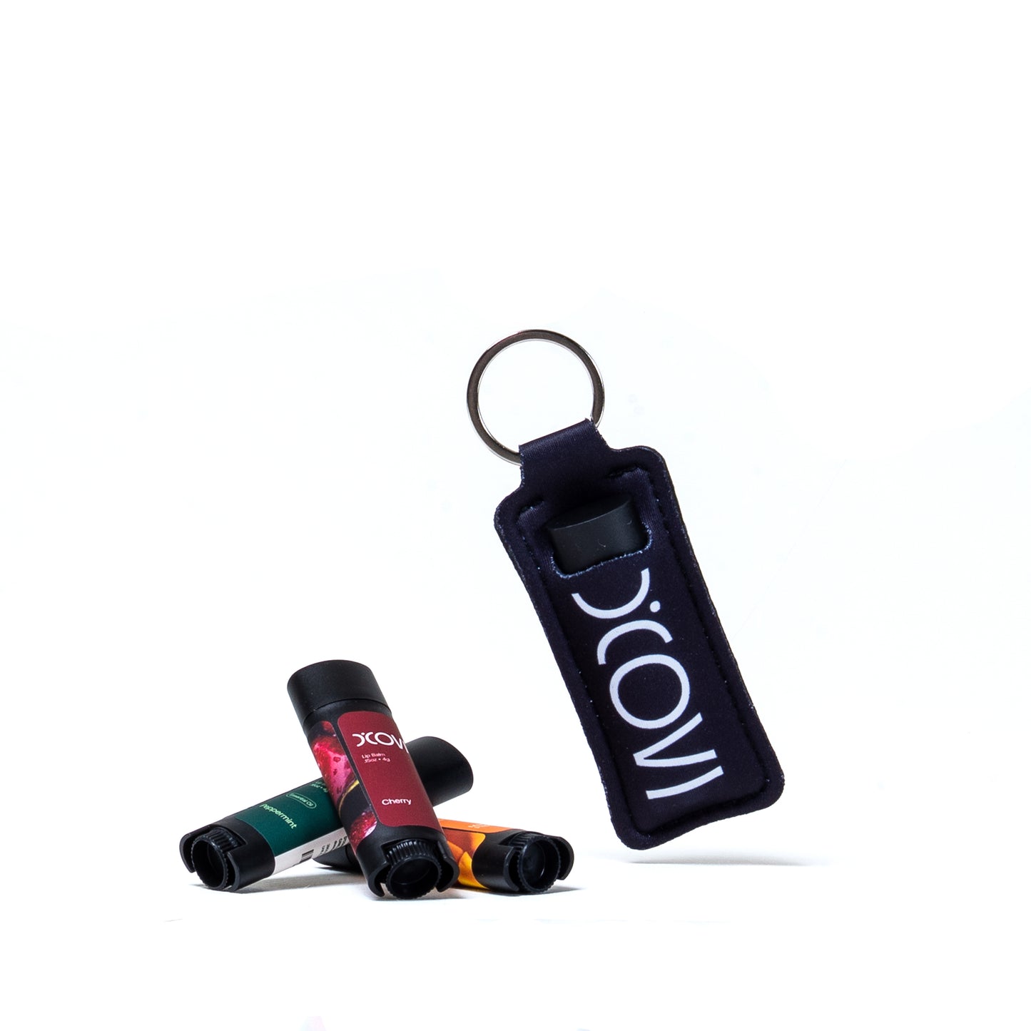 Black fabric D'Covi lip balm keychain