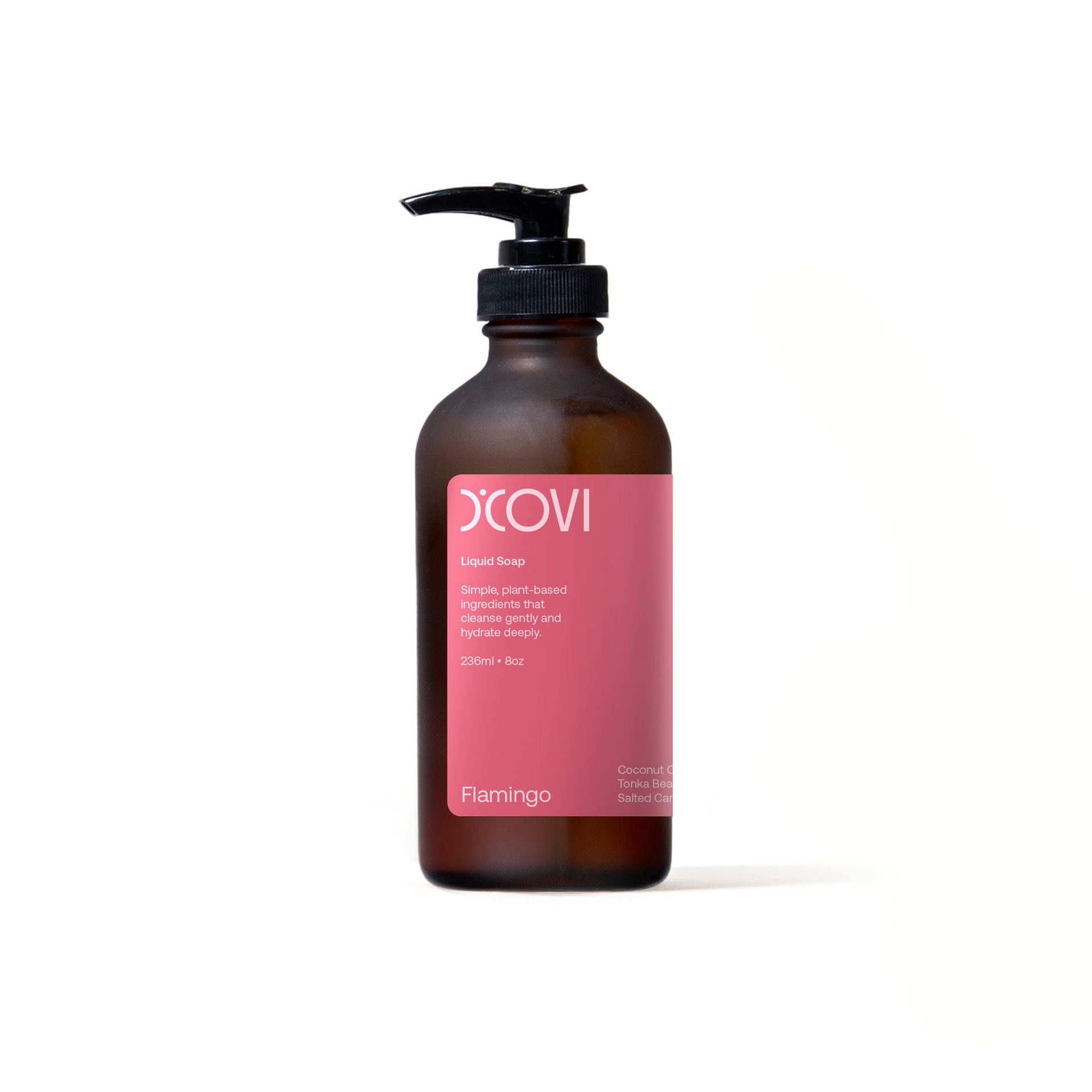 D'Covi amber glass bottle with black pump and pink label on a white background. Containing 236ml (8oz) Flamingo liquid soap.