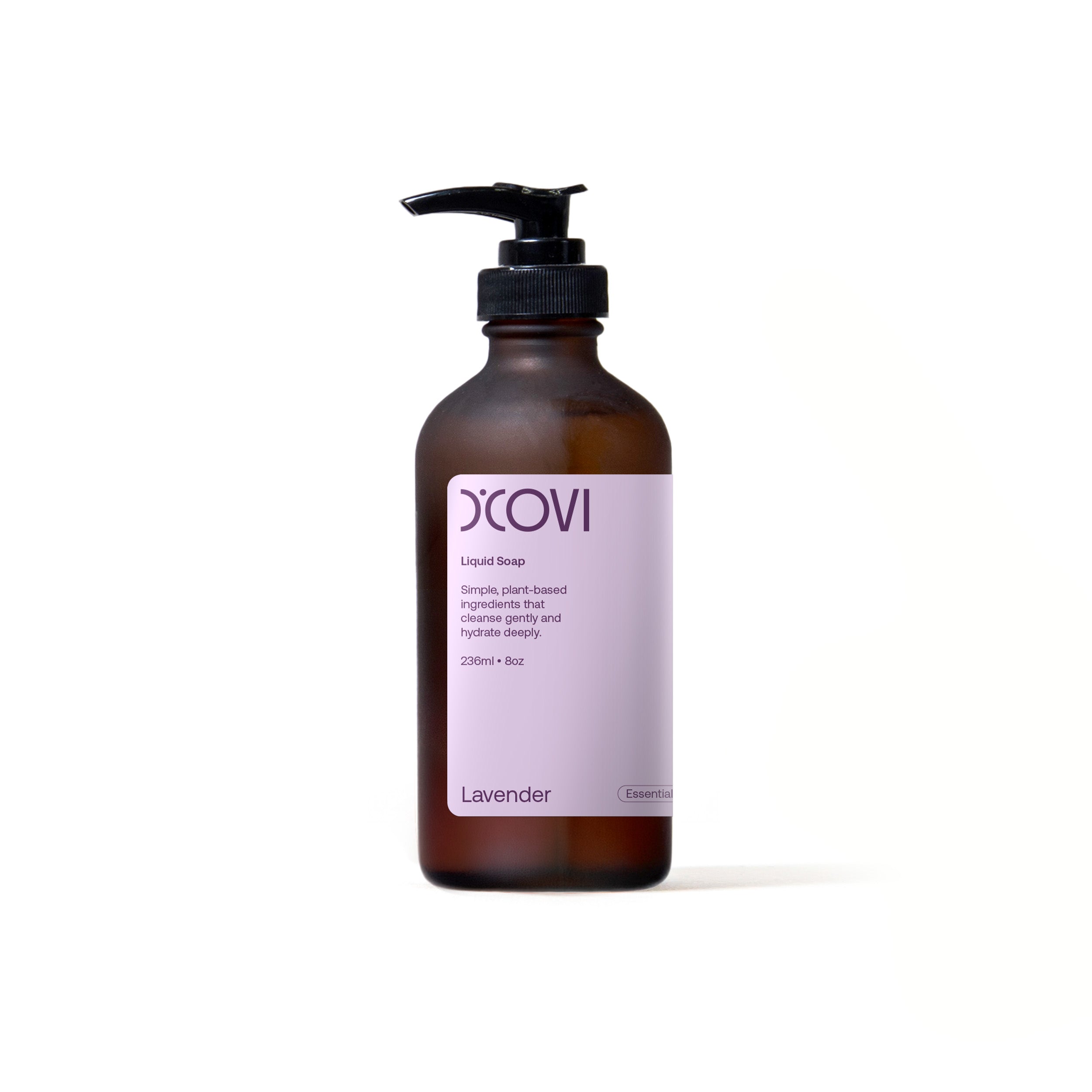 D'Covi amber glass bottle with black pump and light purple label on a white background. Containing 236ml (8oz) Lavender liquid soap.