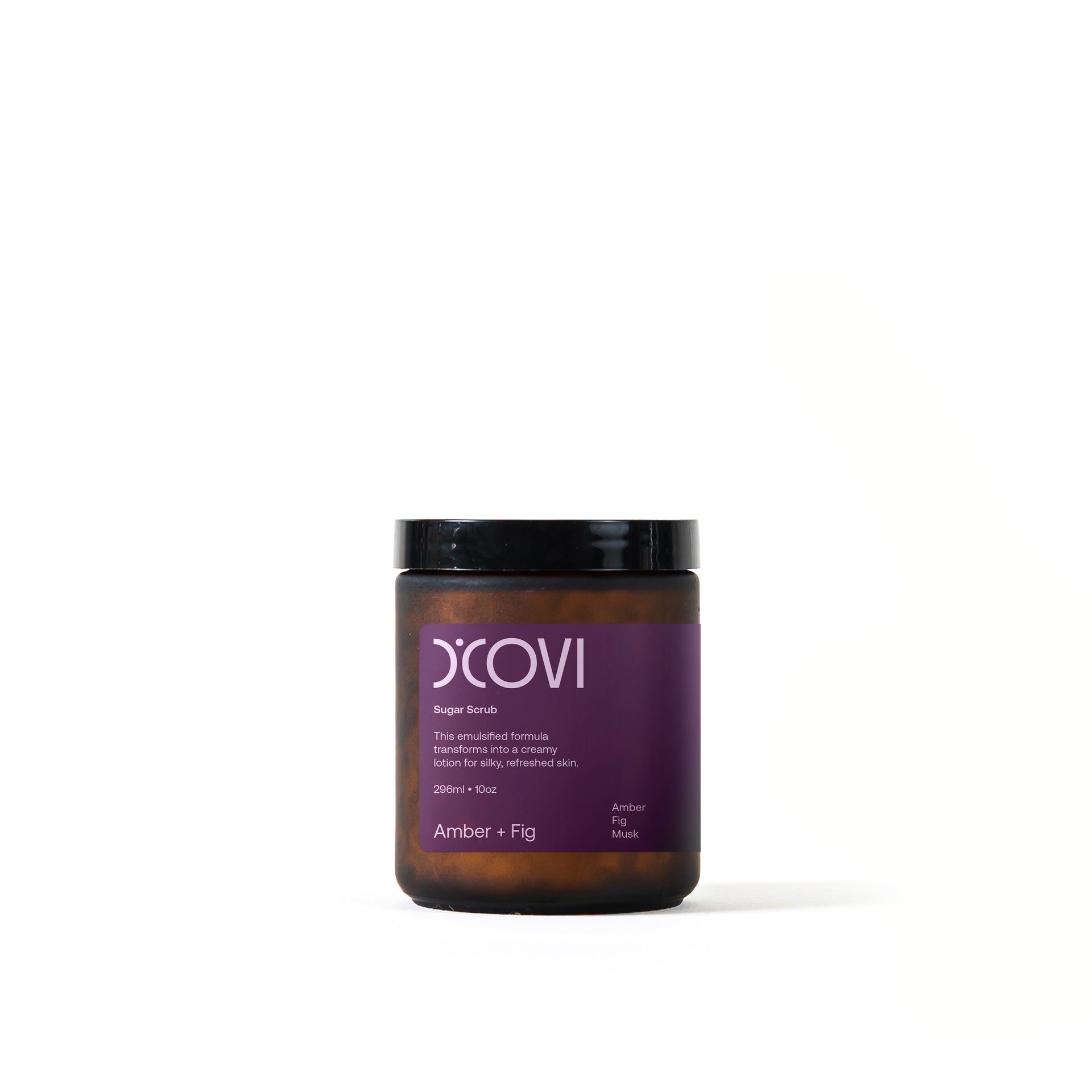 D’Covi amber glass jar with black lid containing 296ml (10oz) of Amber and Fig sugar scrub
