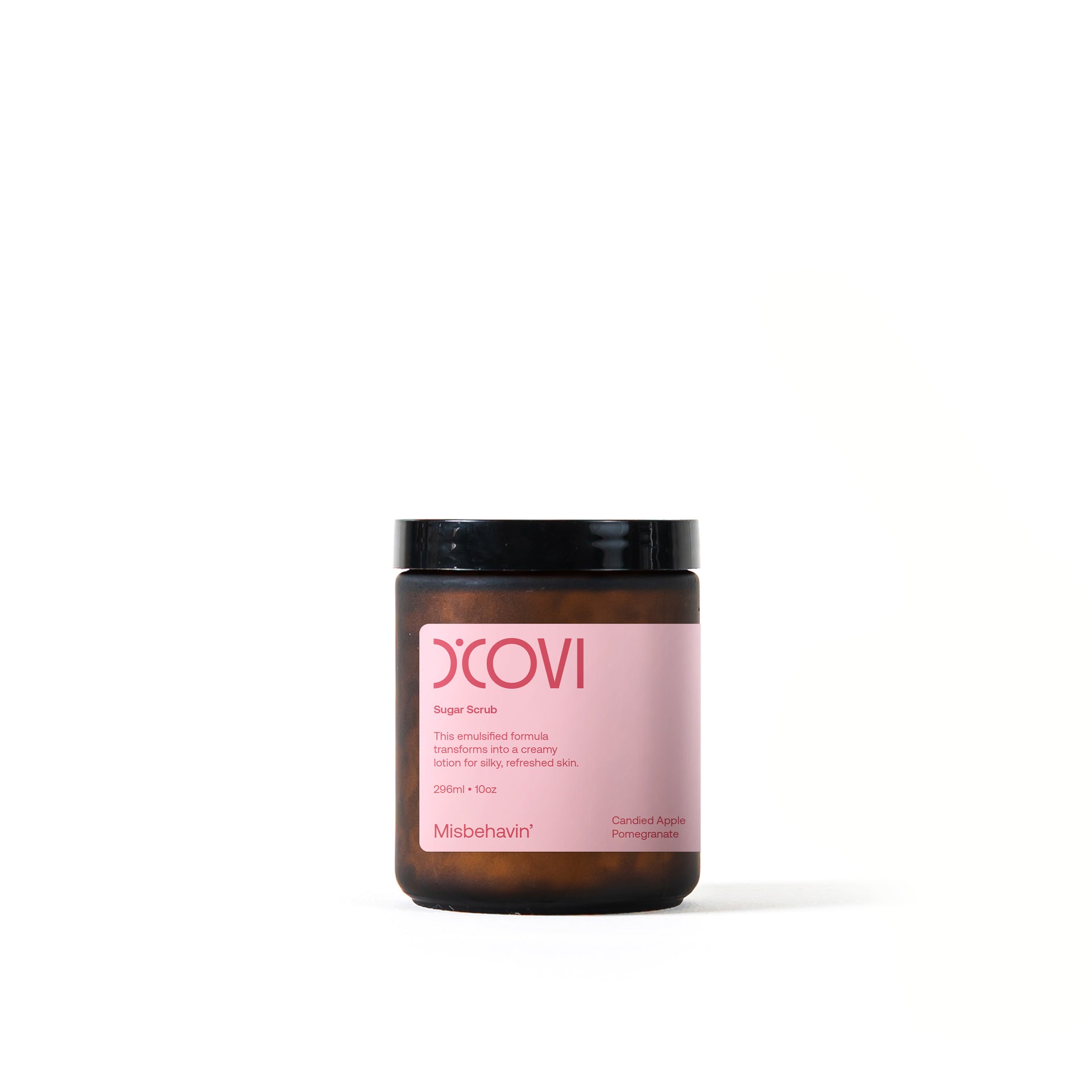 D’Covi amber glass jar with black lid and light pink label containing 296ml (10oz) of Misbehavin' sugar scrub