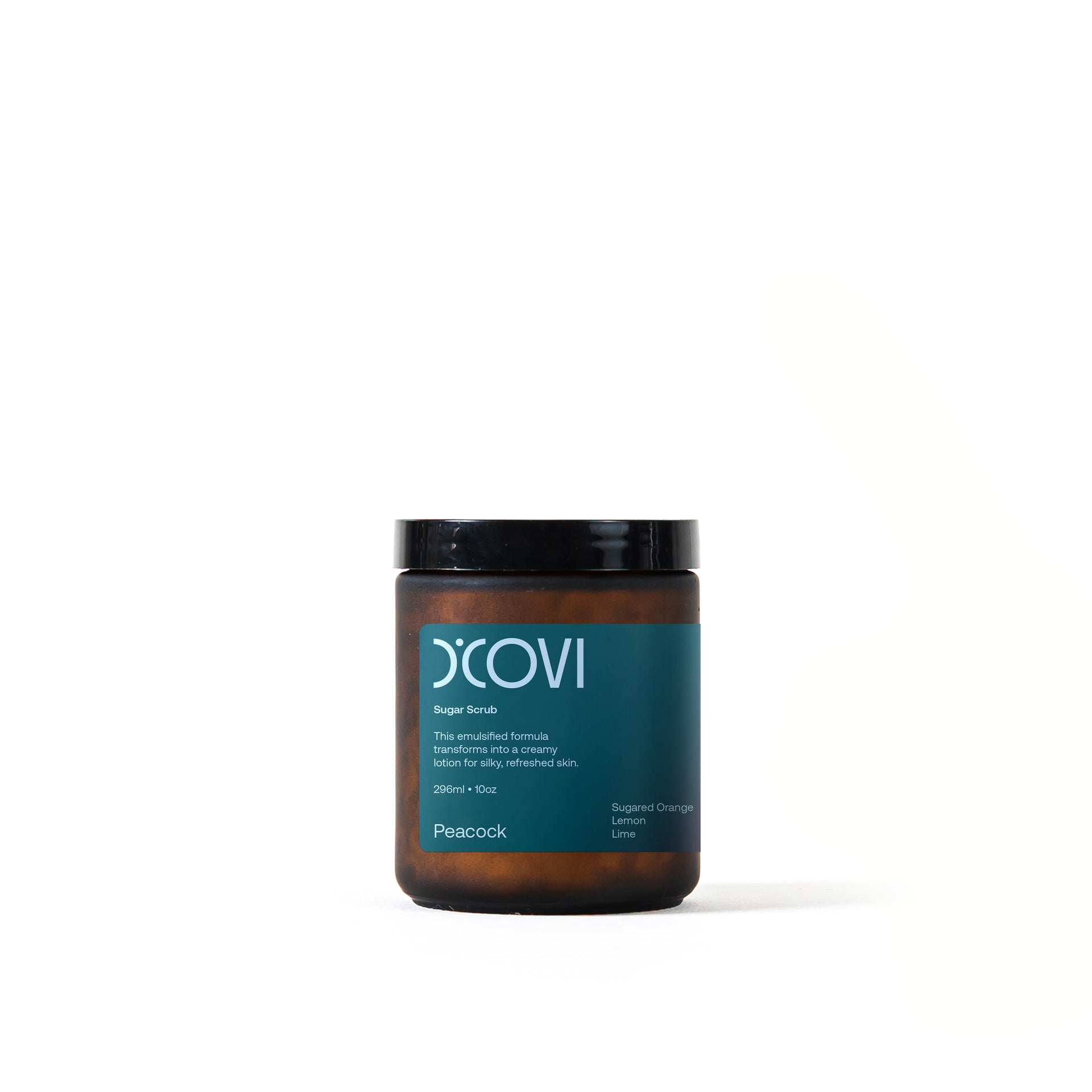 D’Covi amber glass jar with black lid and teal label containing 296ml (10oz) of Peacock sugar scrub