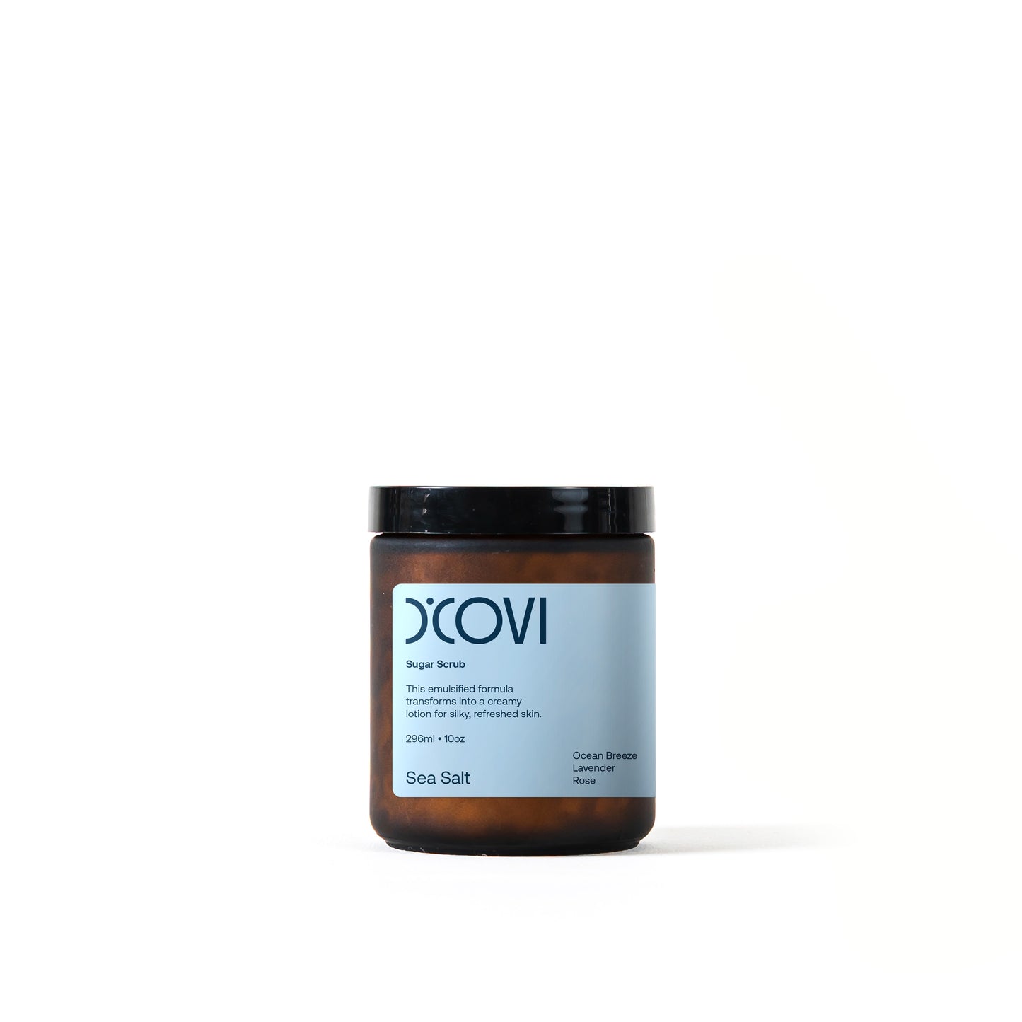 D’Covi amber glass jar with black lid containing 296ml (10oz) of Sea Salt sugar scrub