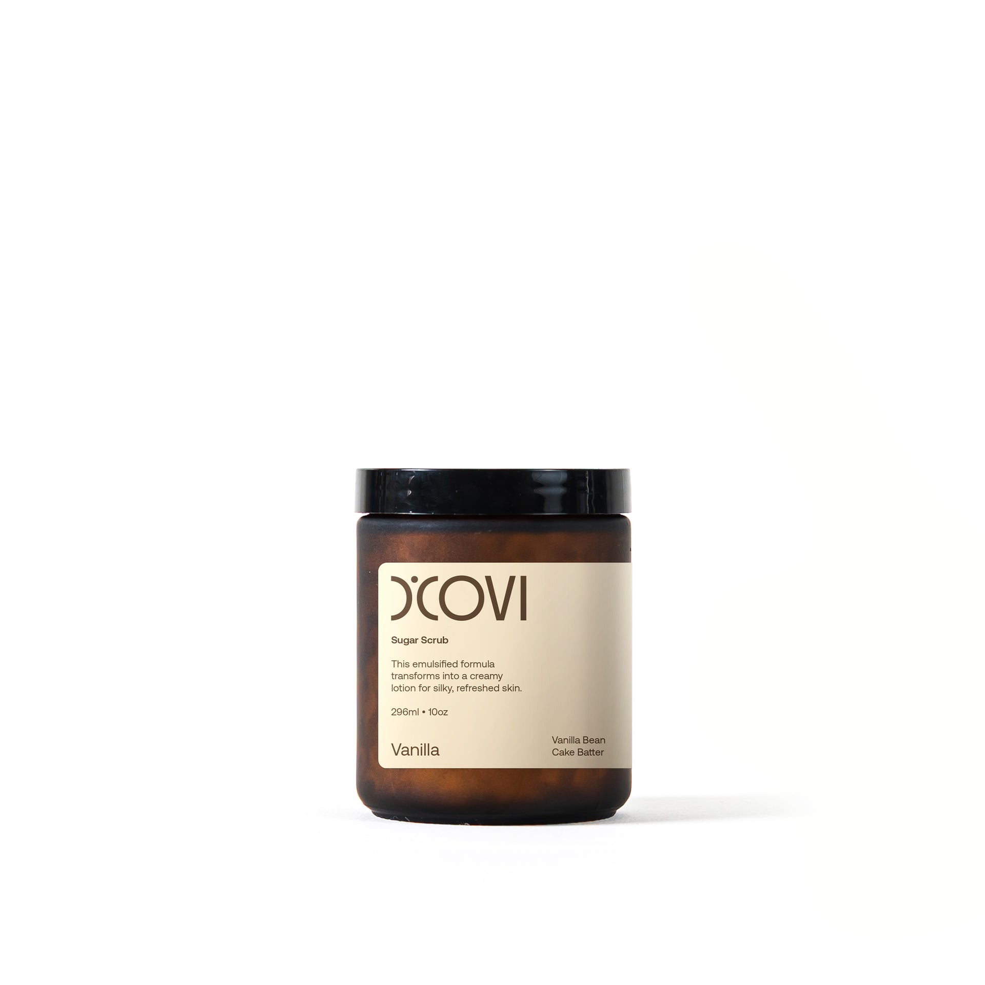 D’Covi amber glass jar with black lid containing 296ml (10oz) of Vanilla sugar scrub