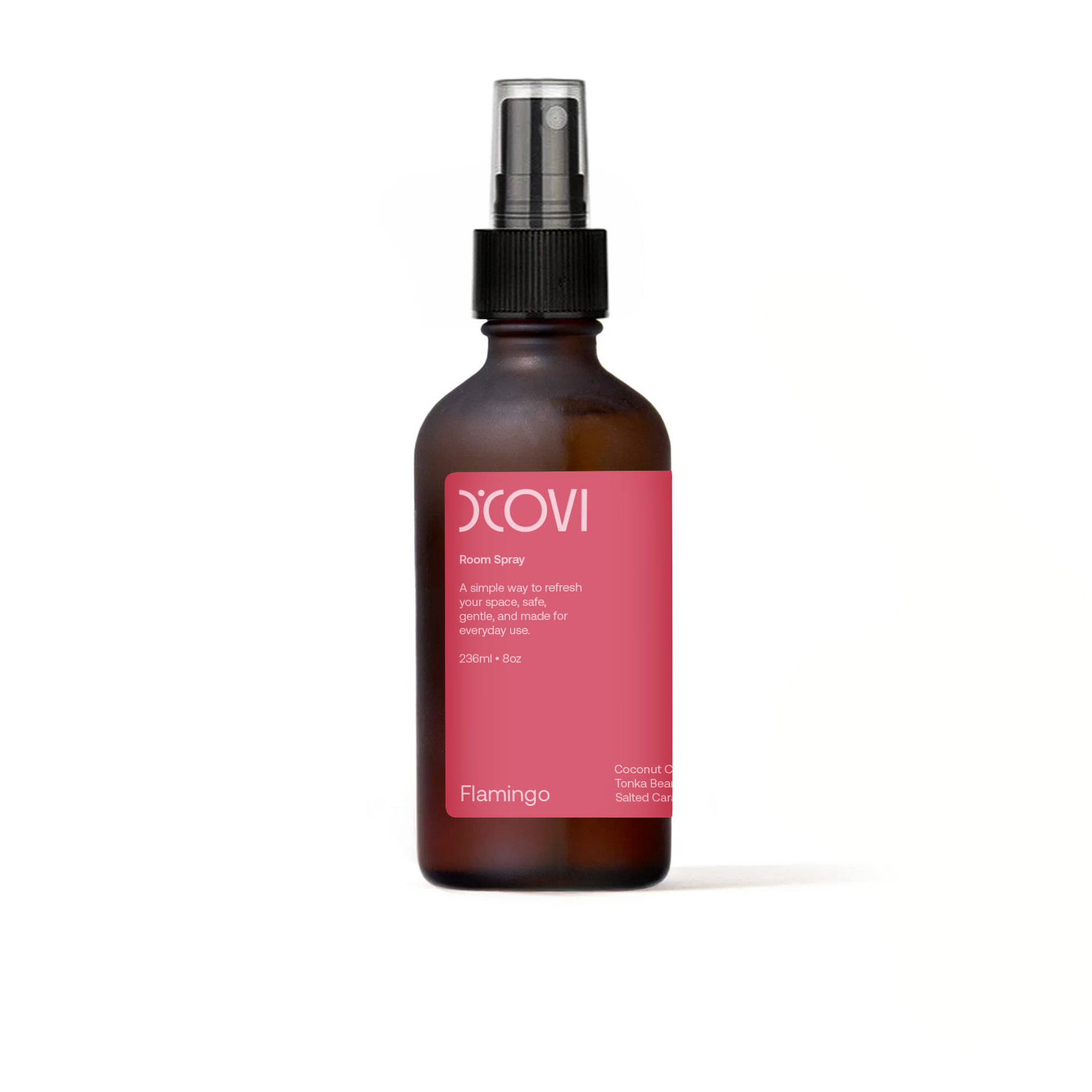 Flamingo Room Spray in a glass Brown spray bottle with pink label on a white background