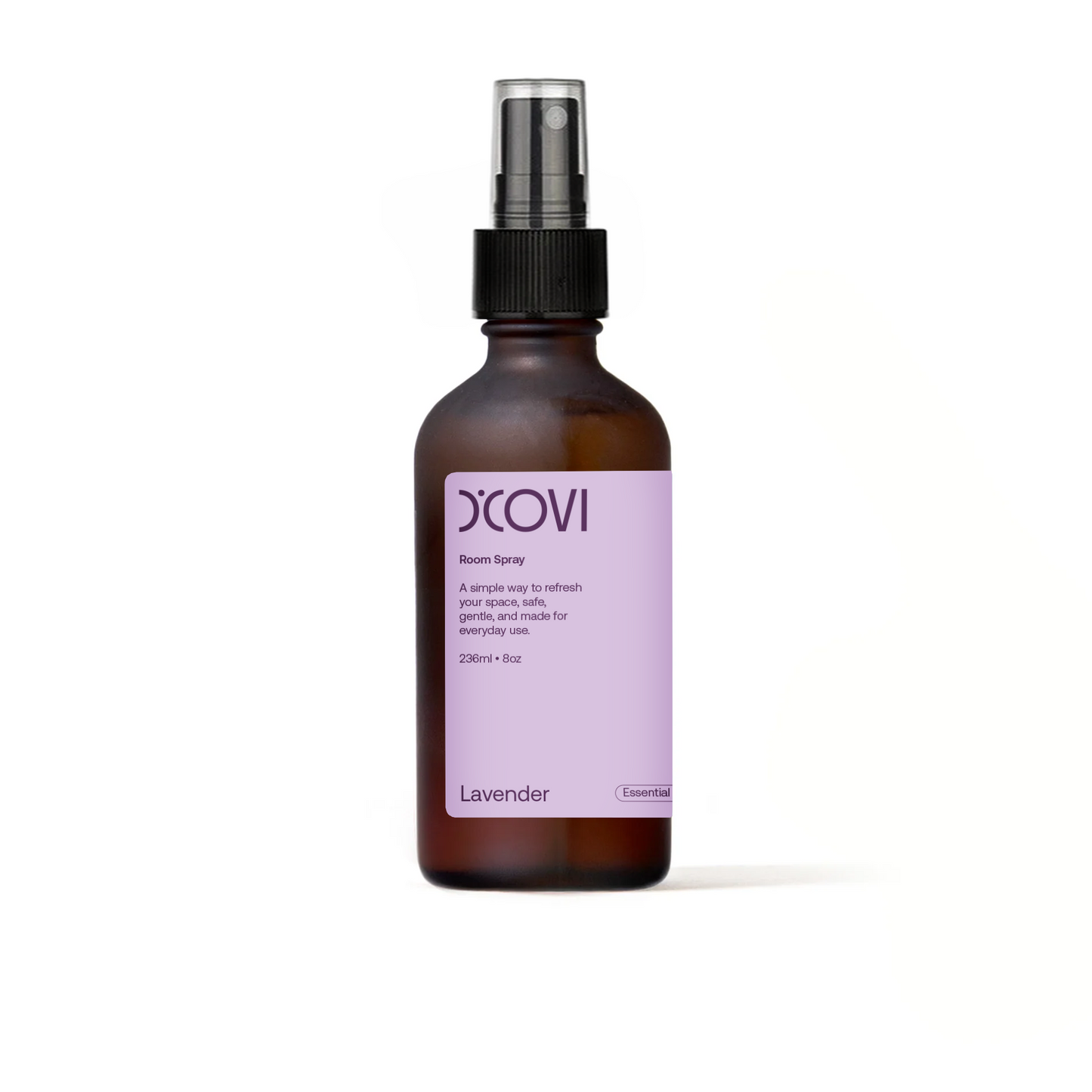 Lavender Room Spray in a glass brown spray bottle with purple label on a white background