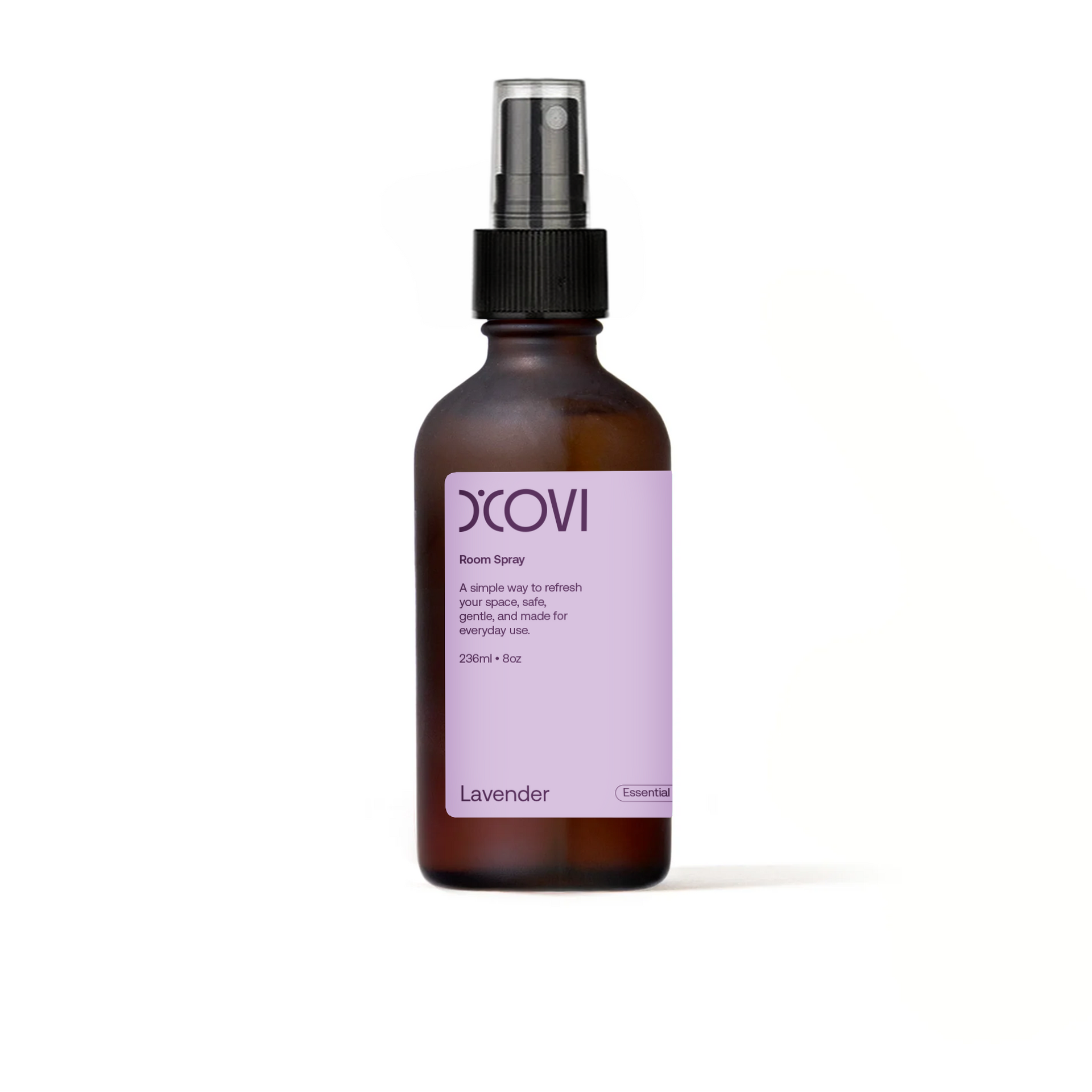 Lavender Room Spray in a glass brown spray bottle with purple label on a white background