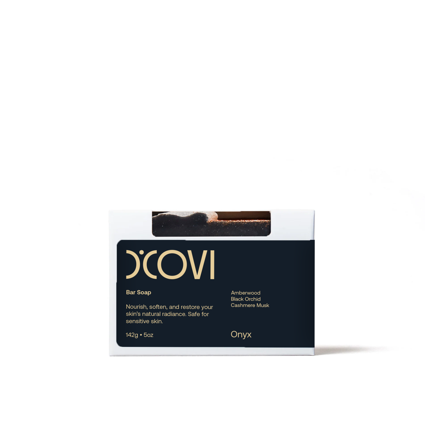 Onyx soap bar packaged in a white box with a black label on a white background