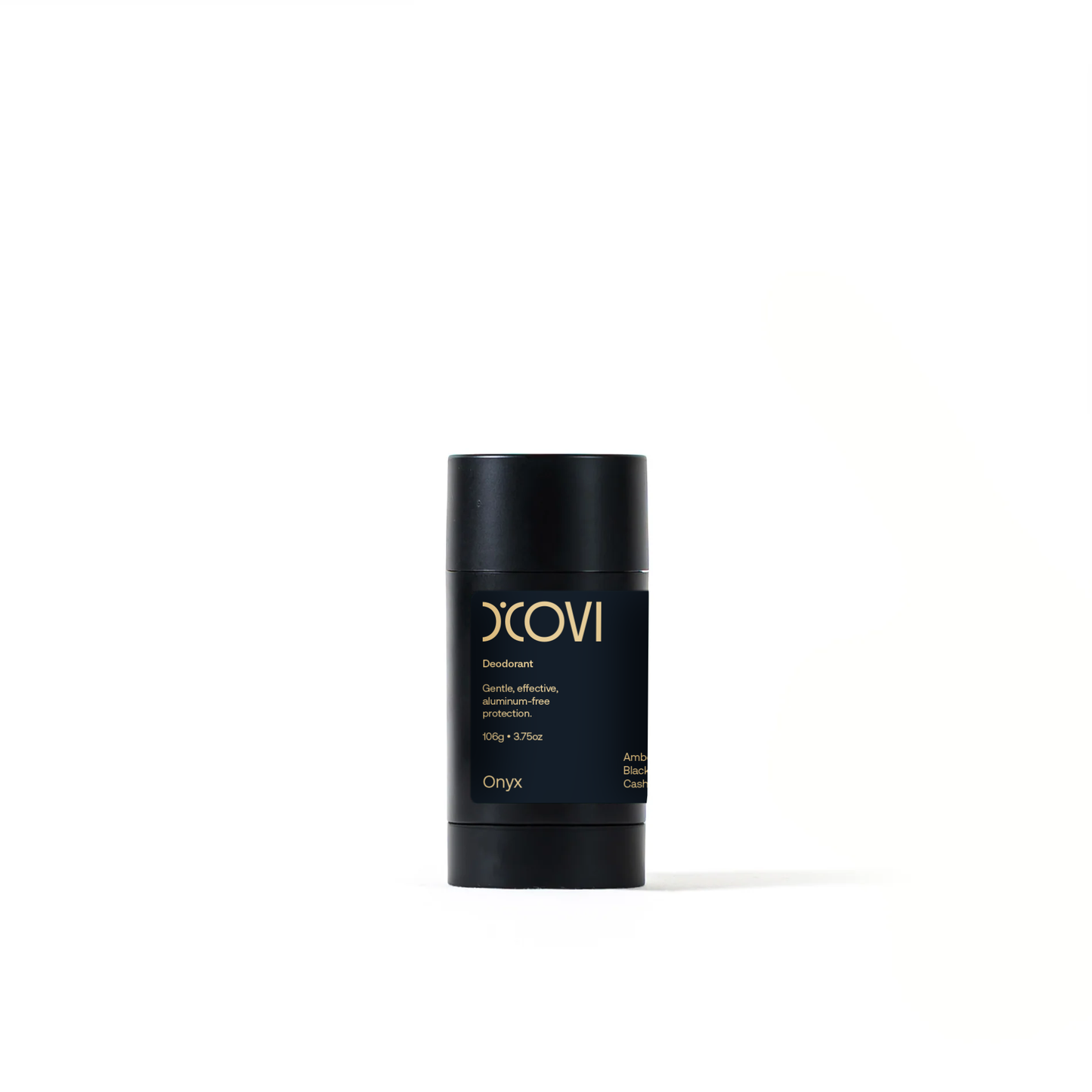D'Covi Onyx deodorant in Black deodorant stick with black label on a white background