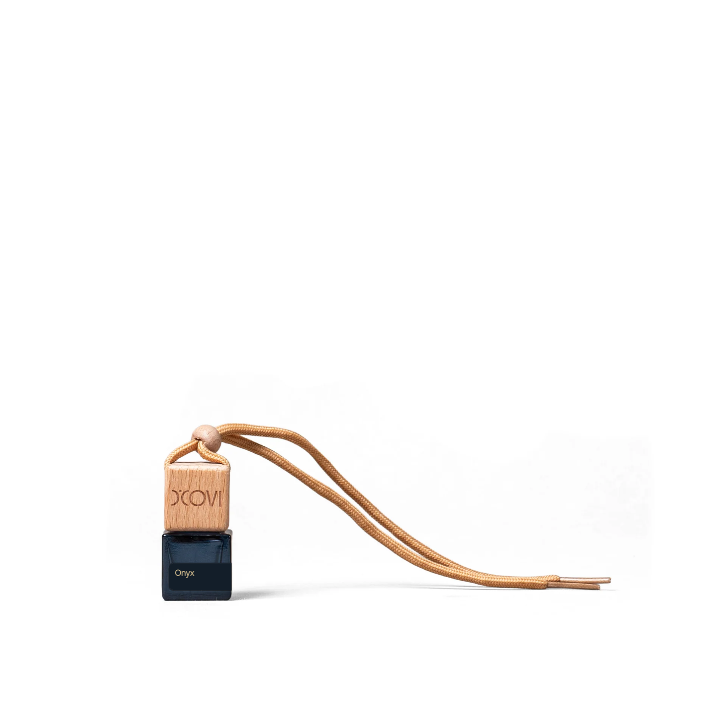 Onyx fragrance diffuser in Small black square glass bottle with a wooden cap and strap on a white background